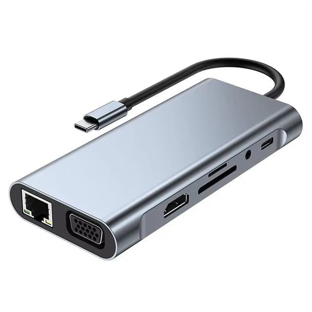 PowerMaster PM-19259 Type-C to HDMI 10in1 Çok Fonksiyonlu Çevirici Adaptör - 4K HDMI, VGA, RJ45, USB, Kart Okuyucu, Hızlı Şarj