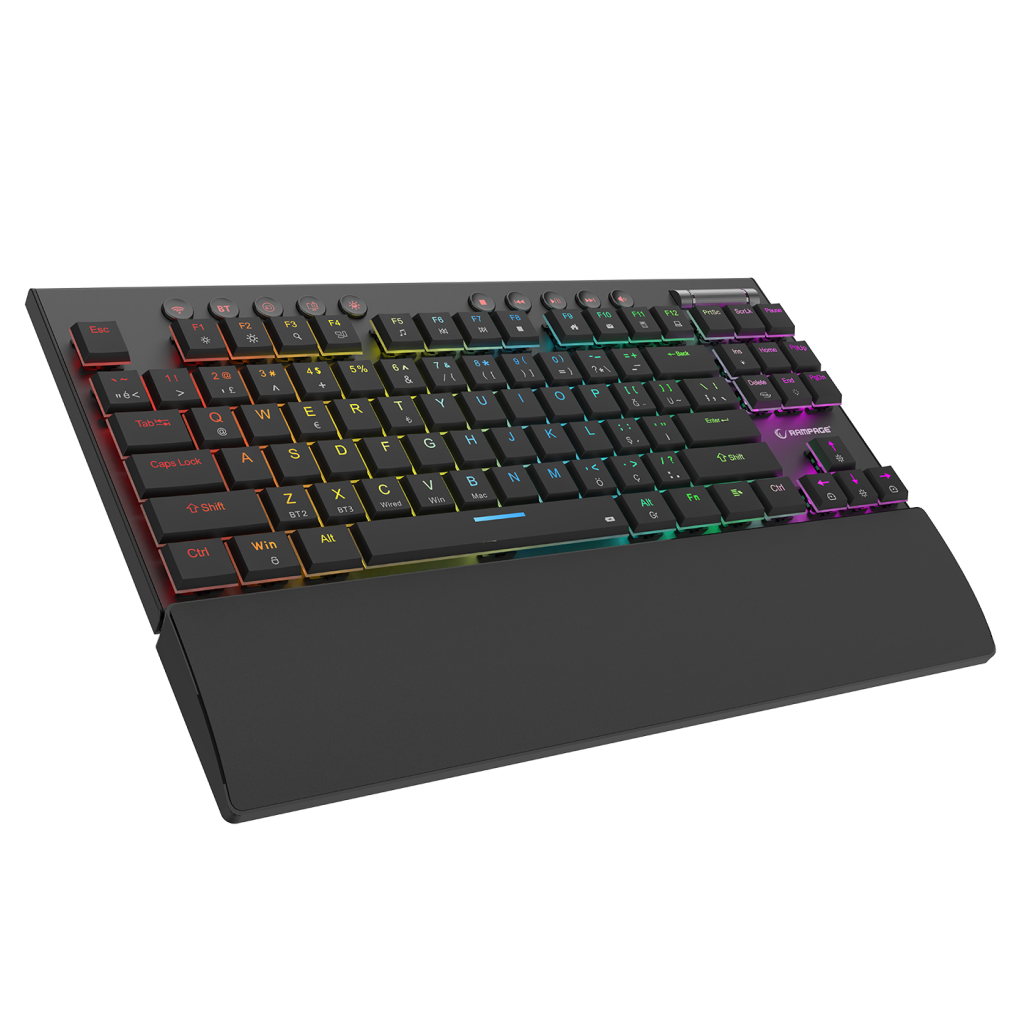 RAMPAGE BERU, Siyah, 2.4Ghz ve Bluetooth Kablosuz, RGB Lighting, RED Mekanik Switch, ABS Case, 1000mAh Bataryalı Gaming Klavye