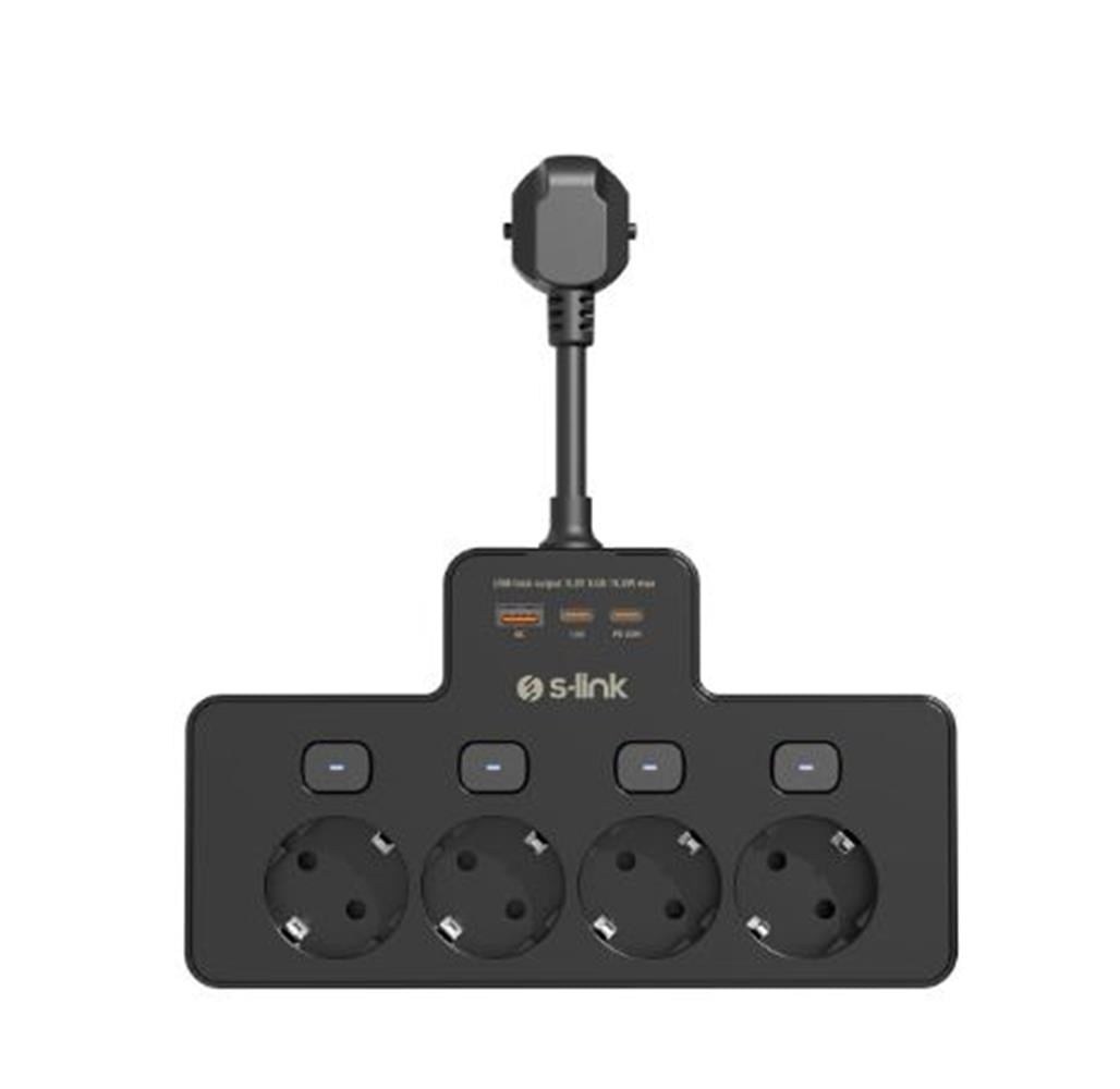 S-link PRZ08 Siyah 4 Soketli 15cm 1 USB 2 Type-C PD20W Tam Bakır Kablolu Akım Korumalı Priz