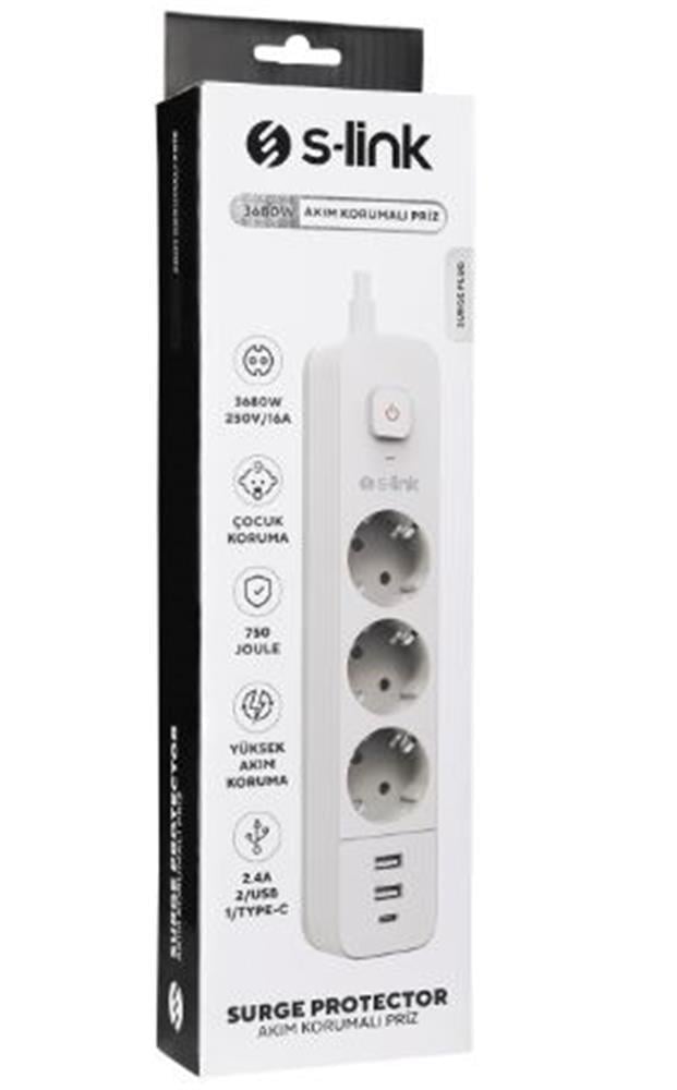 S-link SPG03TC 5V2.4A 1.5m 3x1.00mm 100 yüzde  Bakır 750 Joule 3 lü Anahtarlı Akım Korumalı Beyaz Priz