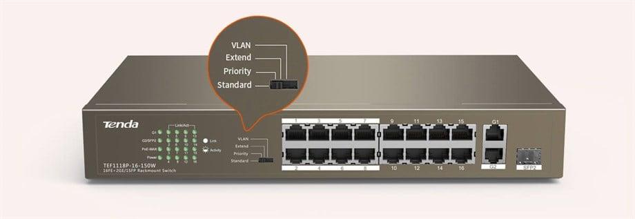 TENDA TEF1118P-16-150W 16PORT 10/100 YÖNETİLEMEZ POE SWITCH