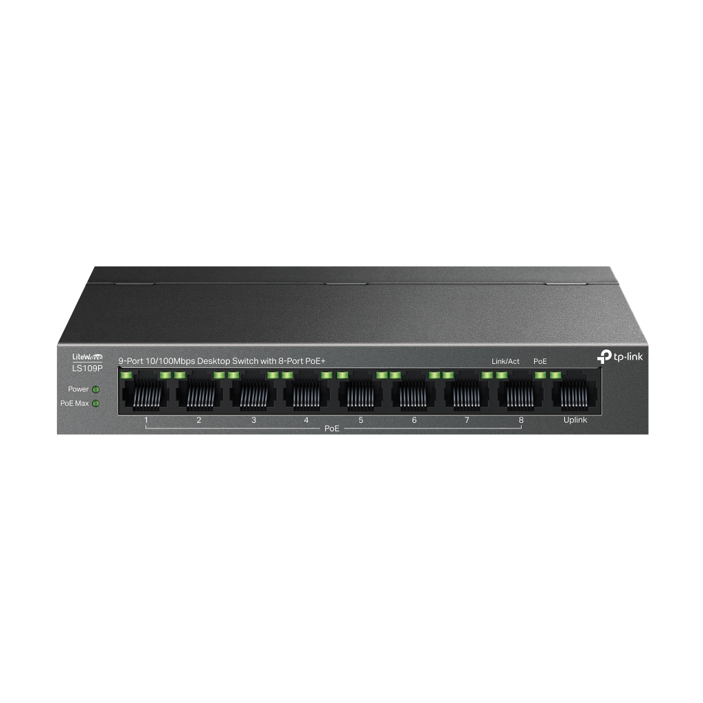 TP-LINK LS109P, Green Tech, 8 Port MegaBit, POE 63W, 1 Port Uplink, Long Range 250Mt, Yönetilemez, Metal Kasalı Switch