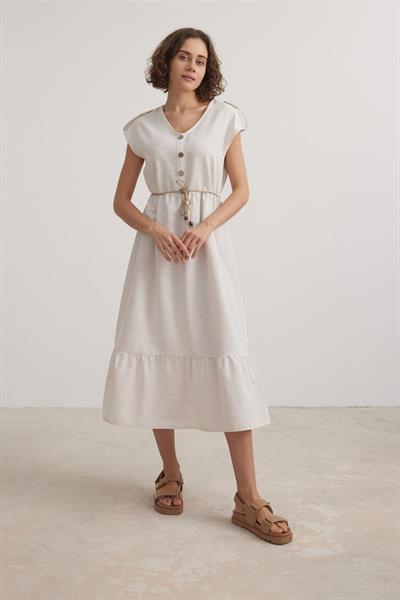 Vos VersaKadın Keten Düğmeli Bağlama Detaylı Taş Elbise VVK7092