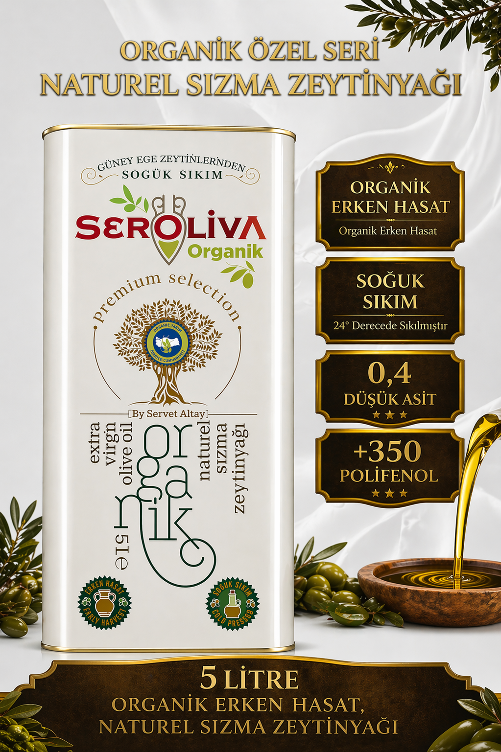 Organik Erken Hasat Naturel Sızma Zeytinyağı 5 Lt 0,5 ASİT Seroliva