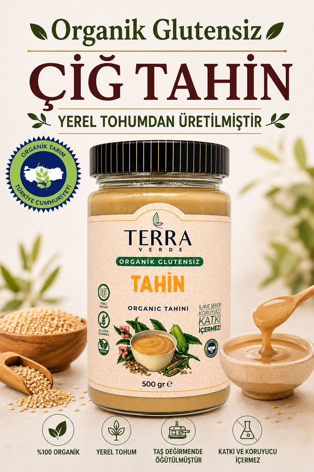 Organik Glutensiz Çiğ Tahin 500gr Terra Verde