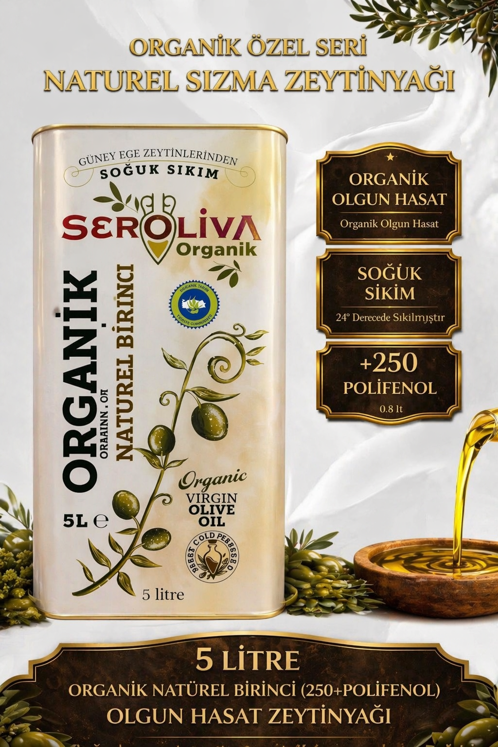 Organik Olgun Hasat Naturel Sızma Zeytinyağı 5 Lt Seroliva