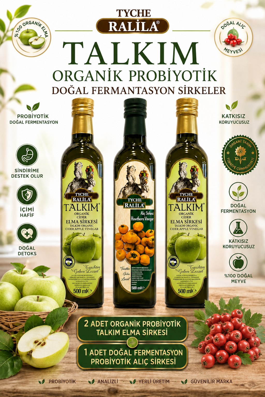 Organik Talkım Elma Sirkesi 500Ml 2 Adet + Alıç Sirkesi 500 Ml Ralila