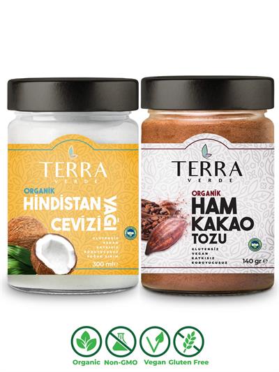 Organik Hindistan Cevizi Yağı Soğuk Sıkım 300Ml Organik Ham Kakao Tozu 140gr Terra Verde