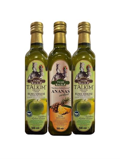 Organik Talkım Elma Sirkesi 500Ml 2 Adet + Ananas Sirkesi 500 Ml Ralila