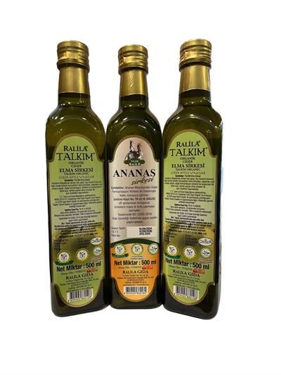 Organik Talkım Elma Sirkesi 500Ml 2 Adet + Ananas Sirkesi 500 Ml Ralila