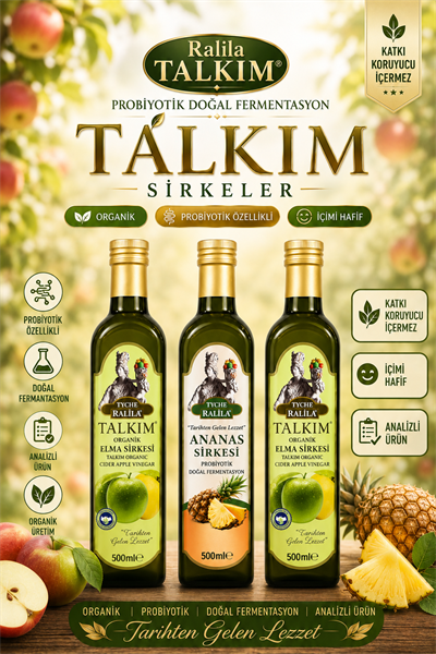 Organik Talkım Elma Sirkesi 500Ml 2 Adet + Ananas Sirkesi 500 Ml Ralila