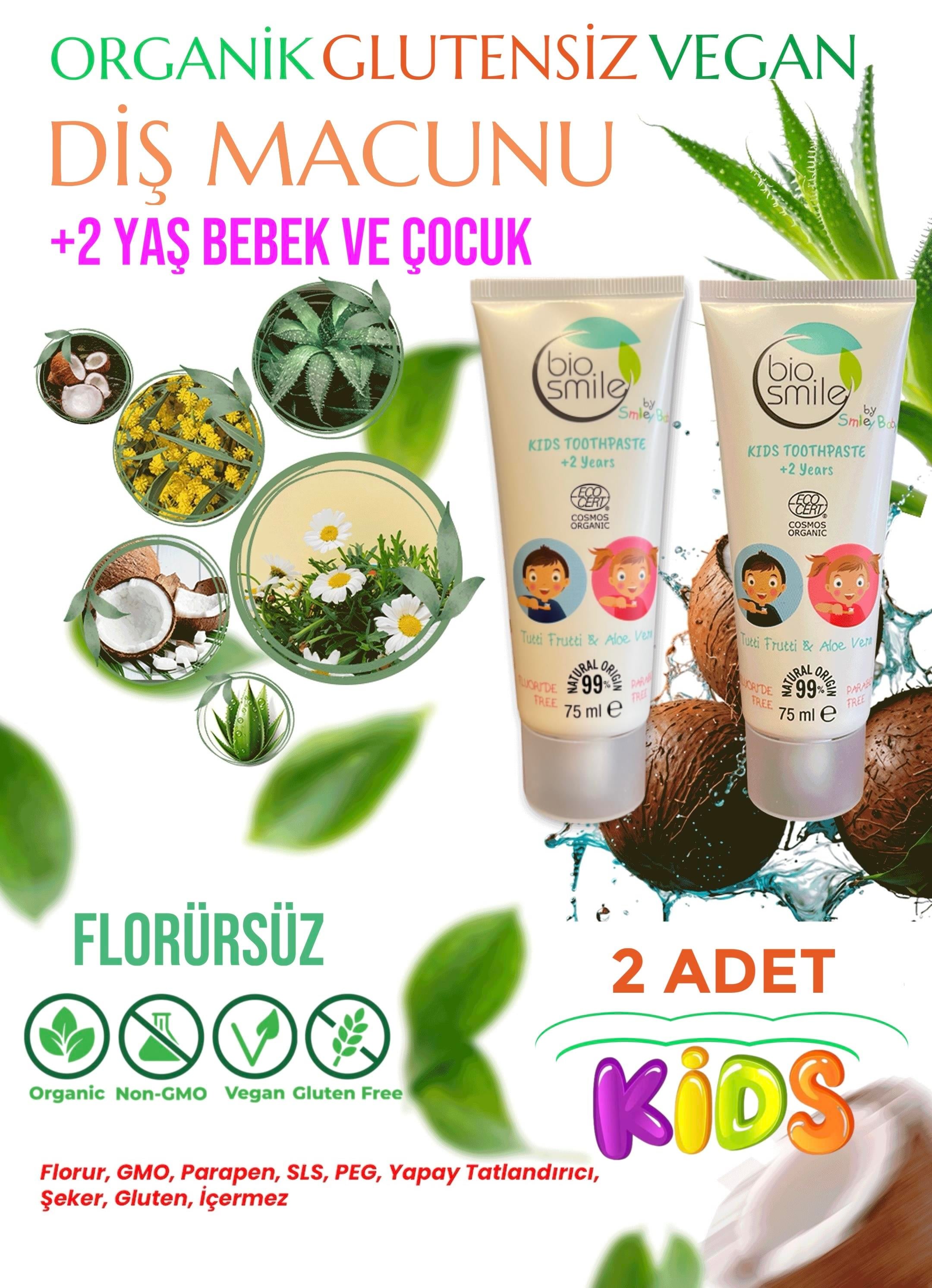 Bio Smile 2 Adet Organik Diş Macunu Tutti Frutti & Aloe Vera 2 Yaş 75Ml
