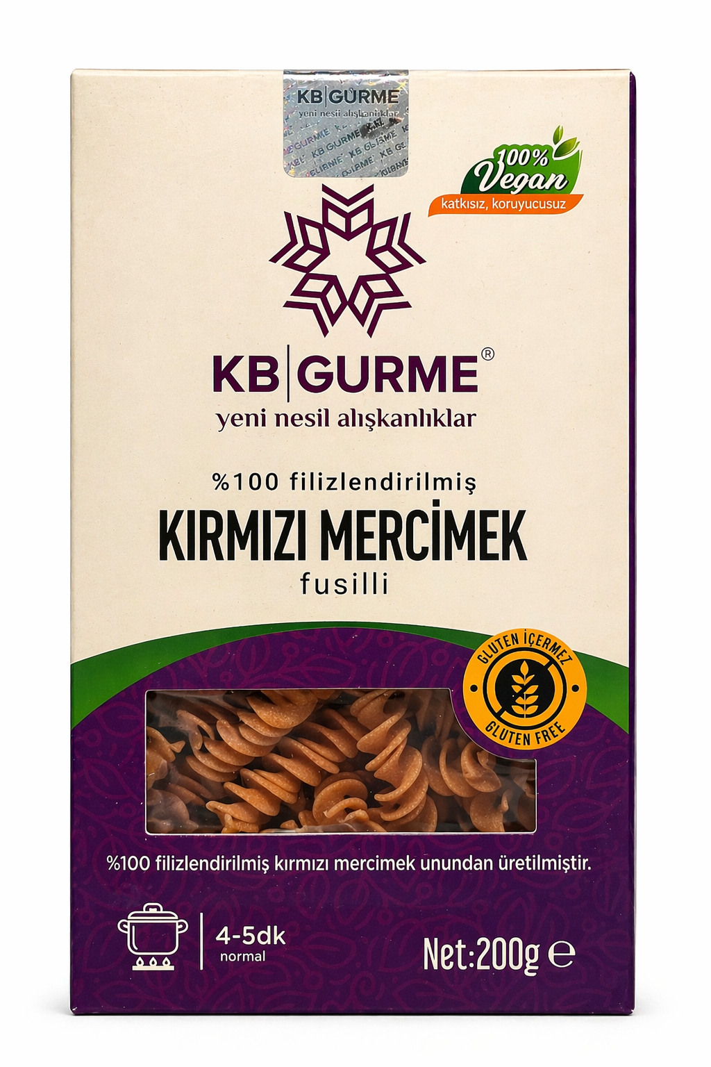 Glutensiz & Vegan Filizlendirilmiş Kırmızı Mercimek Makarna Fusilli 200 gr KB GURME