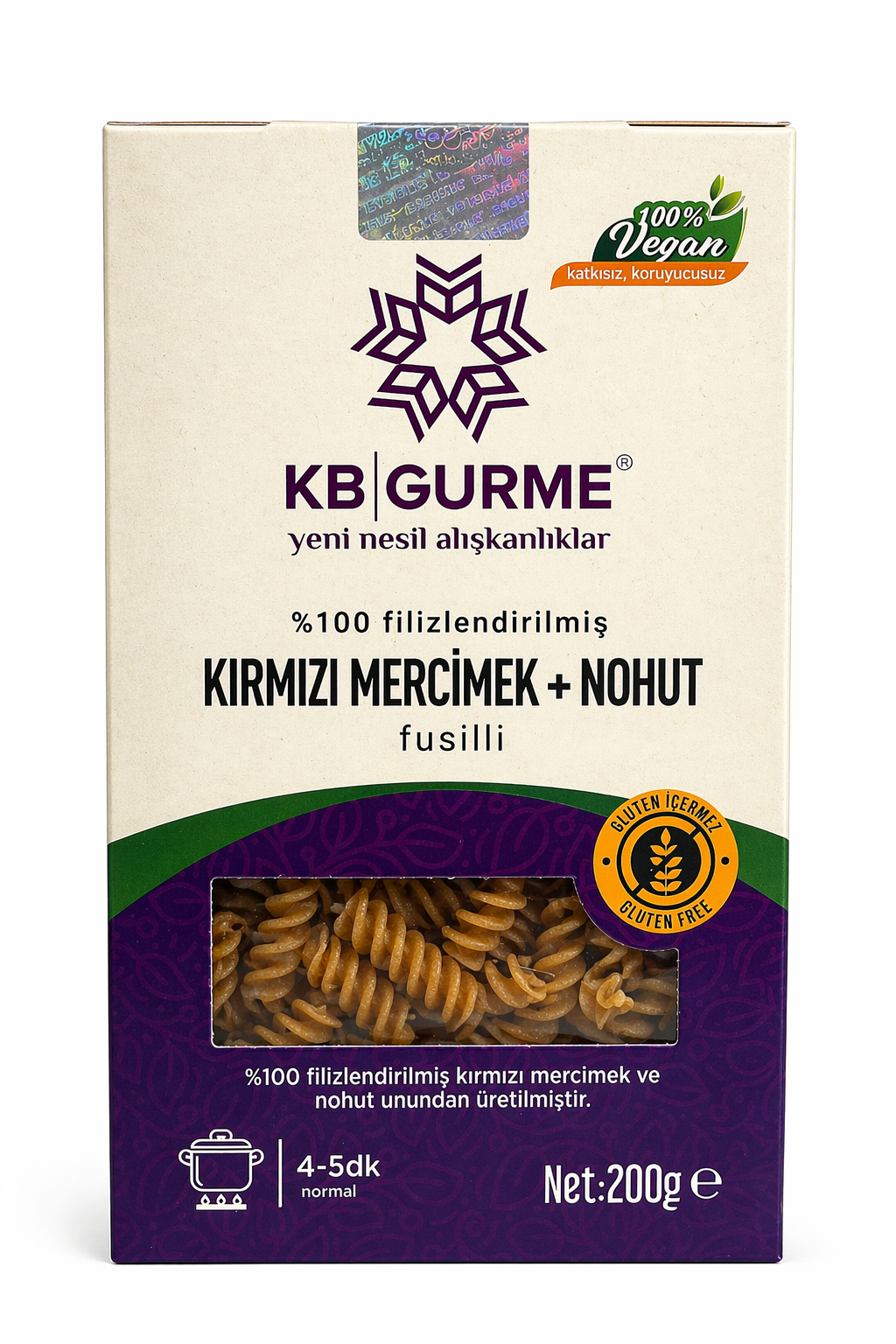 Glutensiz & Vegan Filizlendirilmiş Kırmızı Mercimek + Nohut Fusilli Makarna  200gr KB GURME