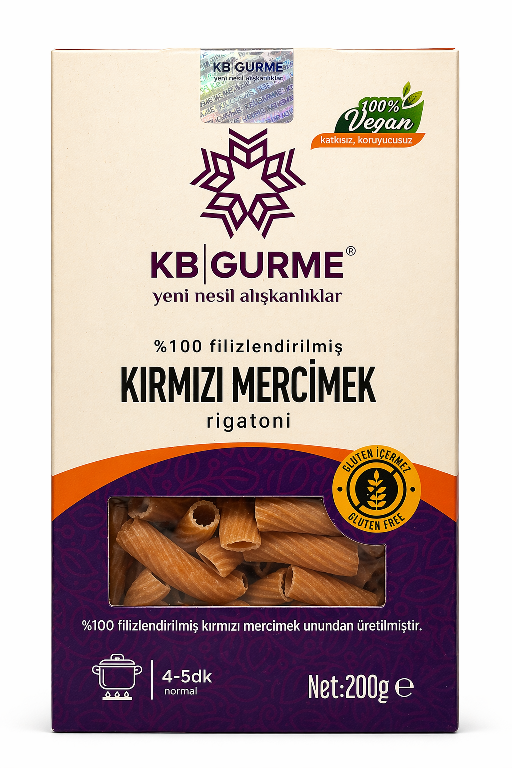 Glutensiz & Vegan Filizlendirilmiş Kırmızı Mercimek Makarna Rigatoni 200gr KB GURME