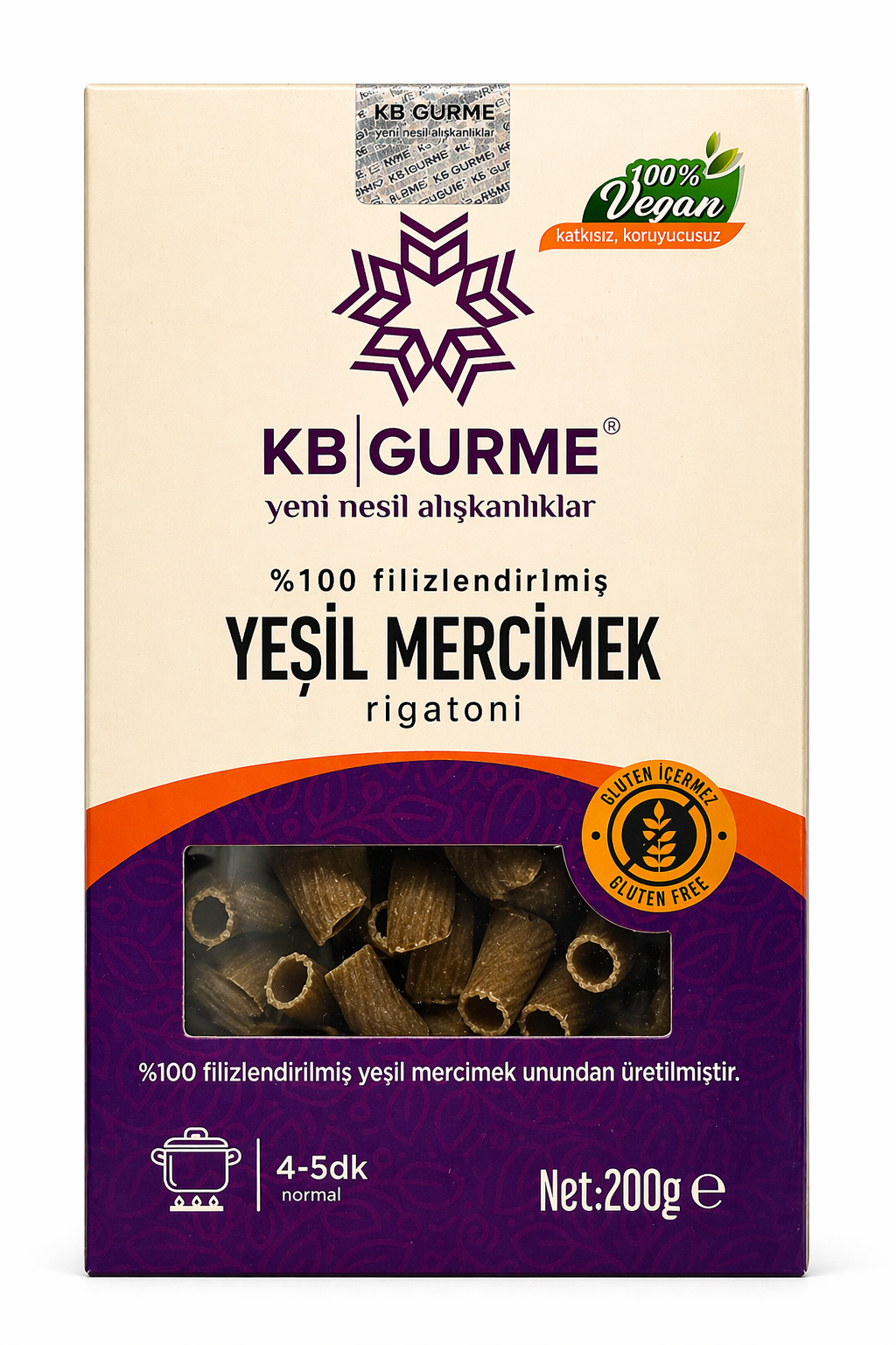 Glutensiz & Vegan Filizlendirilmiş Yeşil Mercimek Makarna Rigatoni 200 gr KB GURME