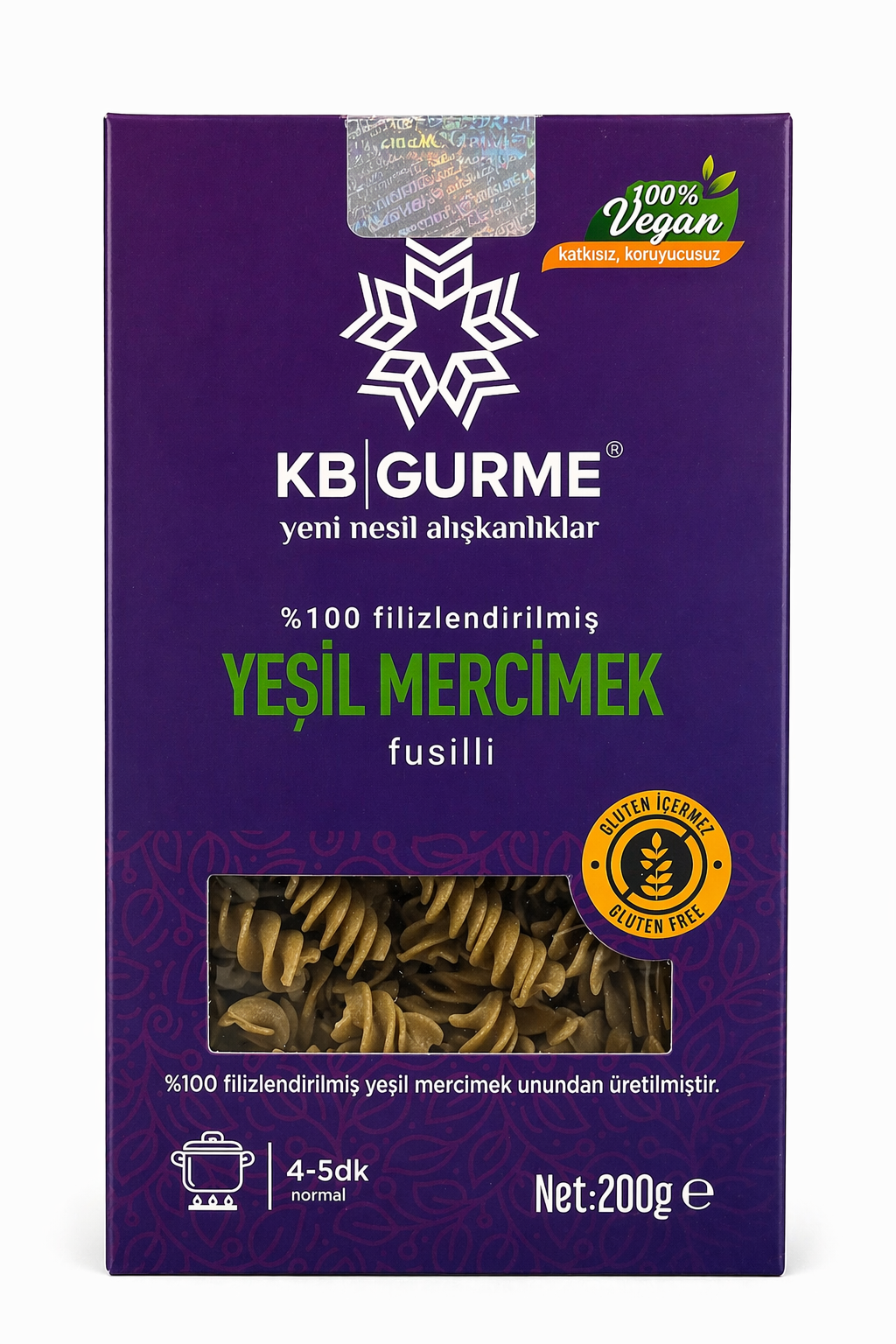 Glutensiz & Vegan Filizlendirilmiş Yeşil Mercimek Makarna Fusilli 200 gr KB GURME