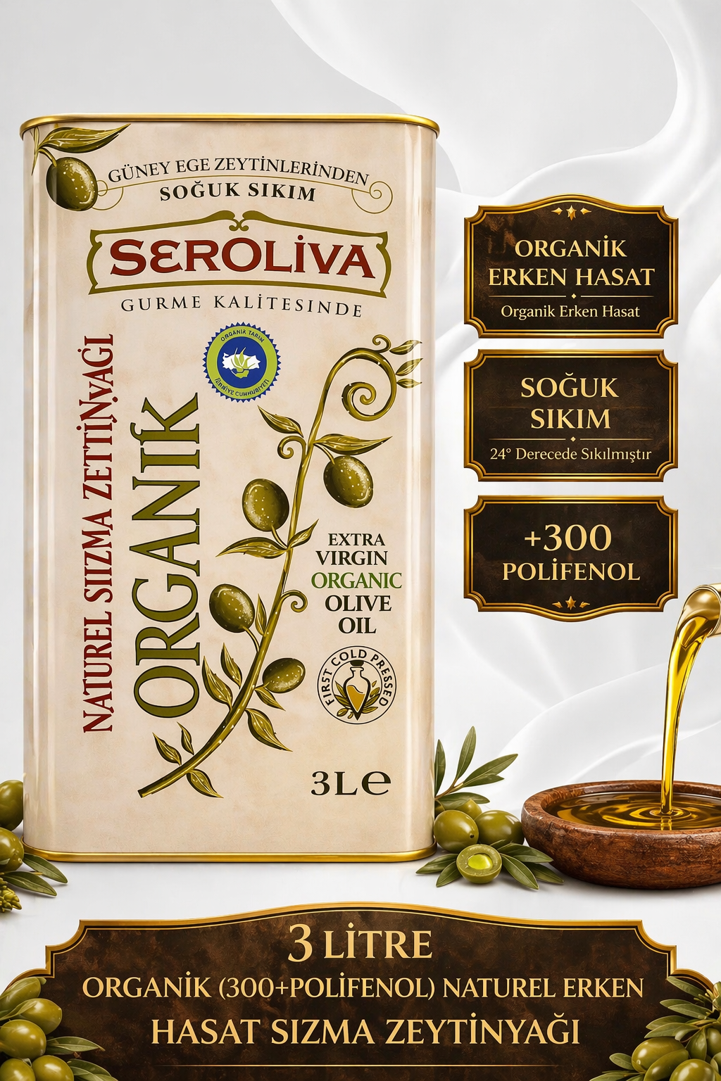 Organik Erken Hasat Naturel Sızma Zeytinyağı 3LT 0,5 ASİT Seroliva
