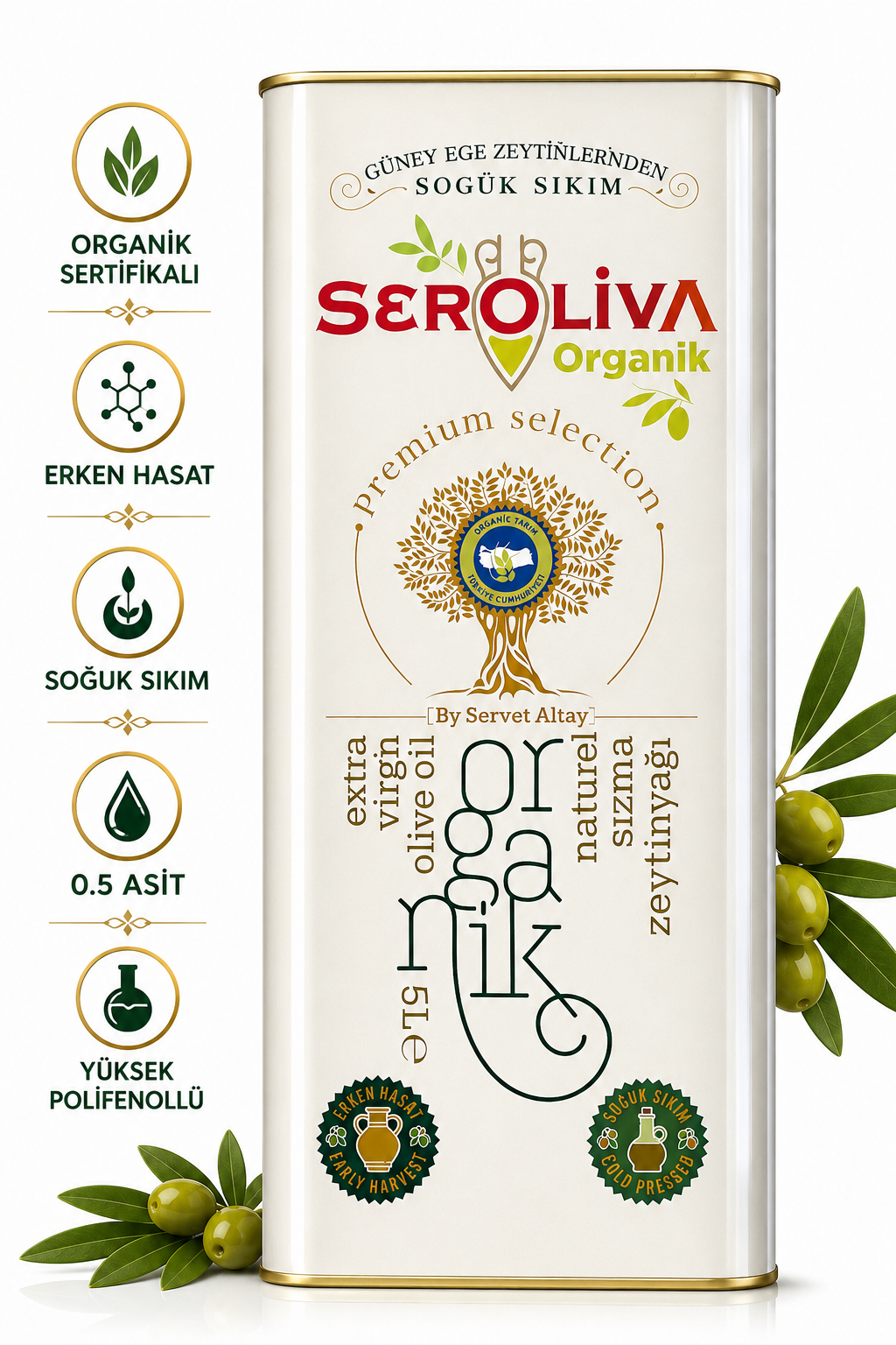 Organik Erken Hasat Naturel Sızma Zeytinyağı 5 Lt 0,5 ASİT Seroliva