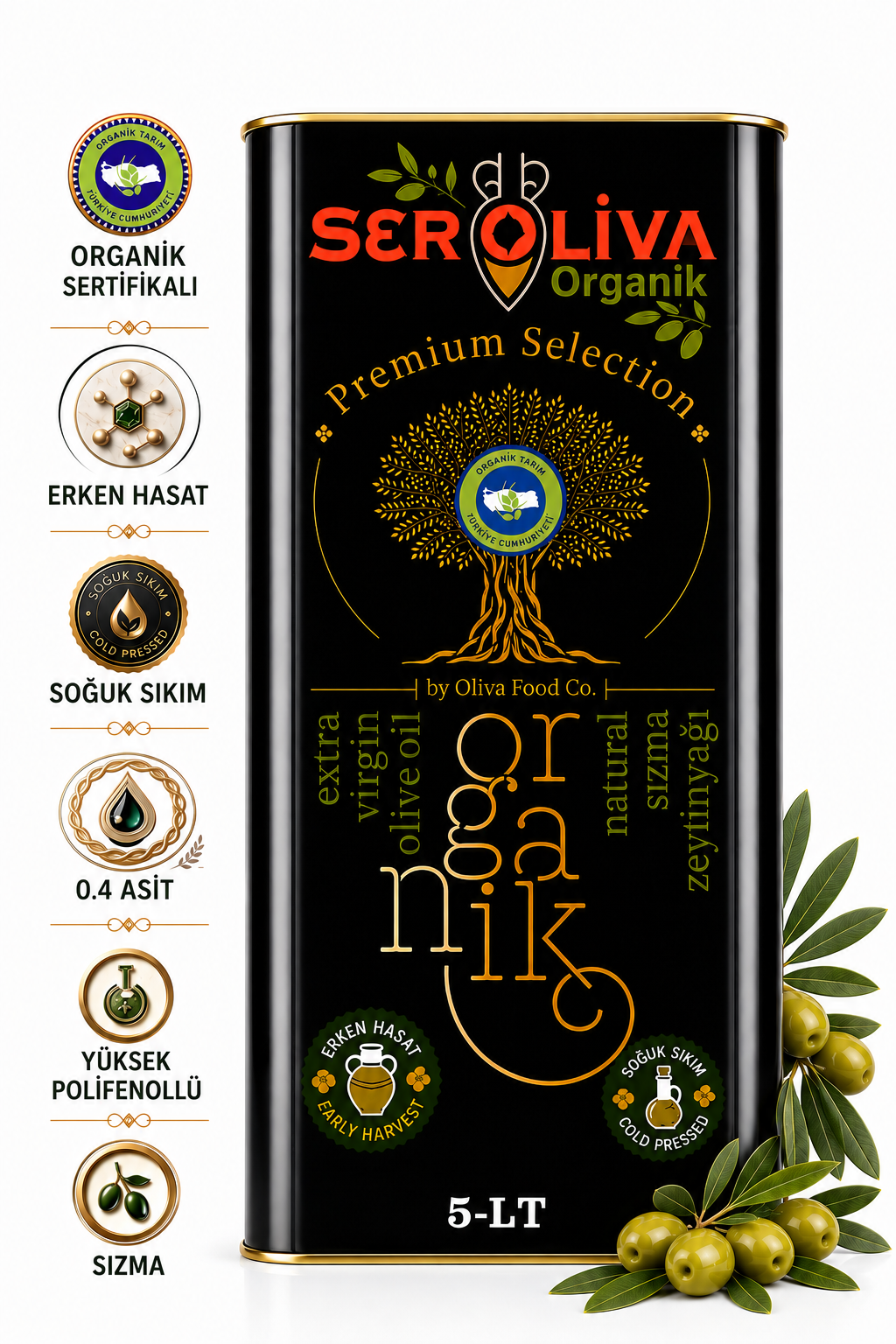 Organik Erken Hasat Özel Seri Zeytinyağı 5 Lt 0,4 ASİT Seroliva