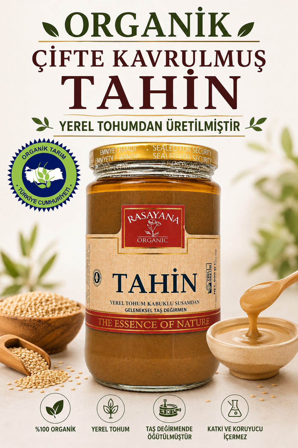 Organik Kabuklu Çifte Kavrulmuş  Tahin 600gr Rasayana