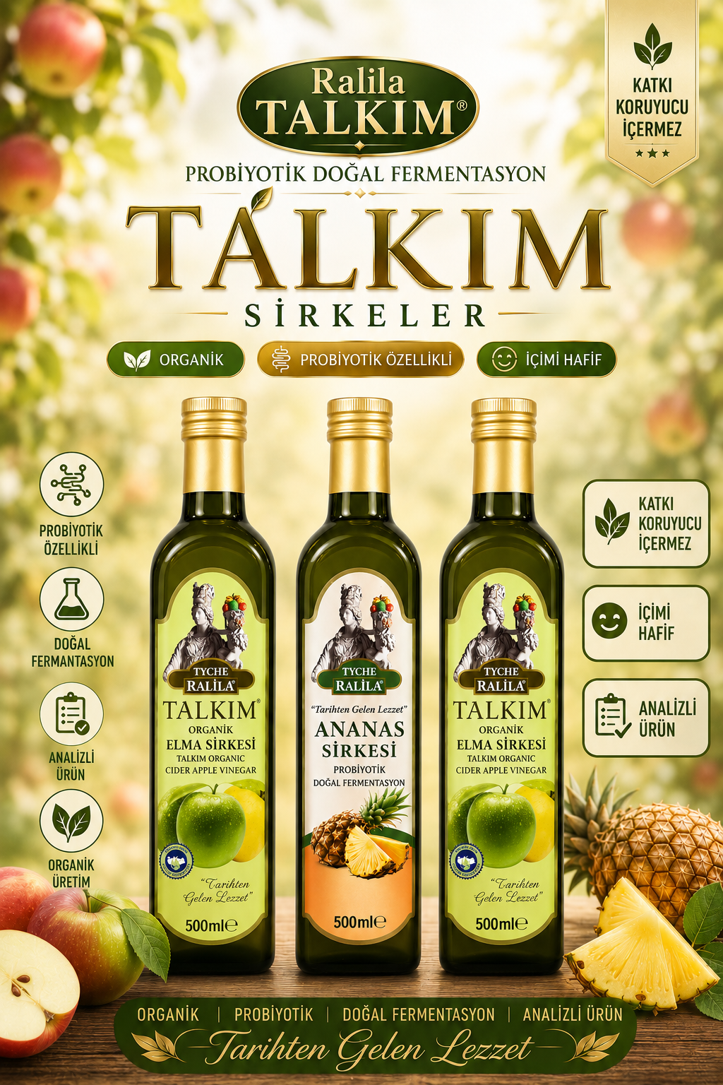 Organik Talkım Elma Sirkesi 500Ml 2 Adet + Ananas Sirkesi 500 Ml Ralila