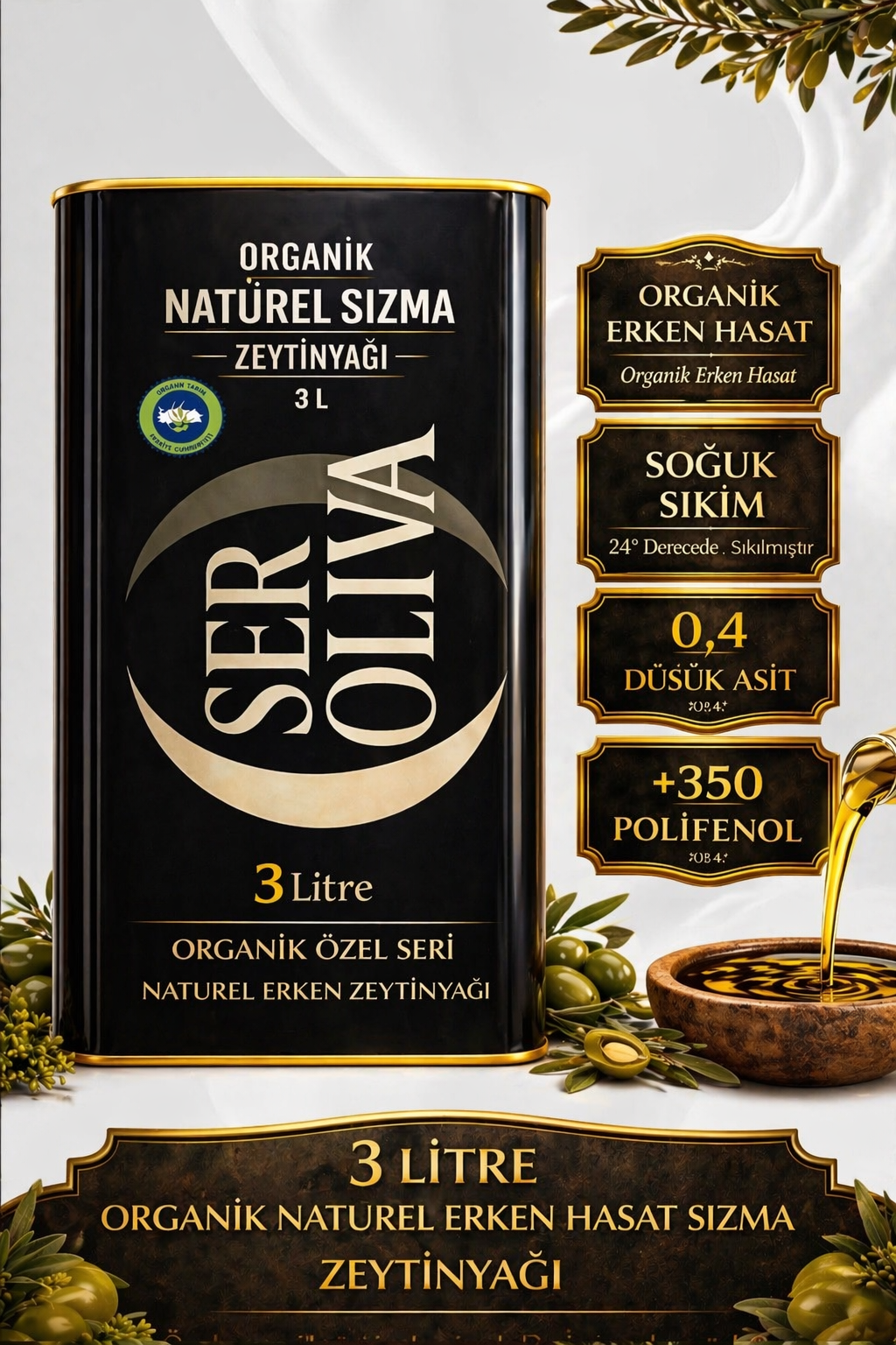 Özel Üretim 0.4 Asit Organik Naturel Sızma Zeytinyağı 3lt Seroliva