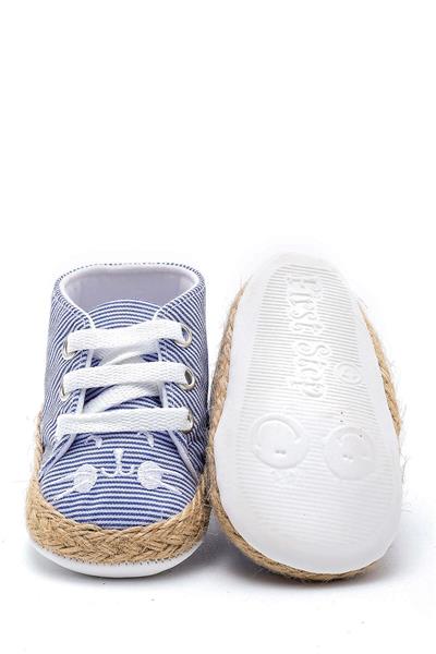 First Step Kedi Nakışlı Çizgili Patik - Saks Mavisi 8-12 Ay / No.18