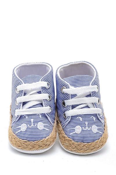 First Step Kedi Nakışlı Çizgili Patik - Saks Mavisi 8-12 Ay / No.18