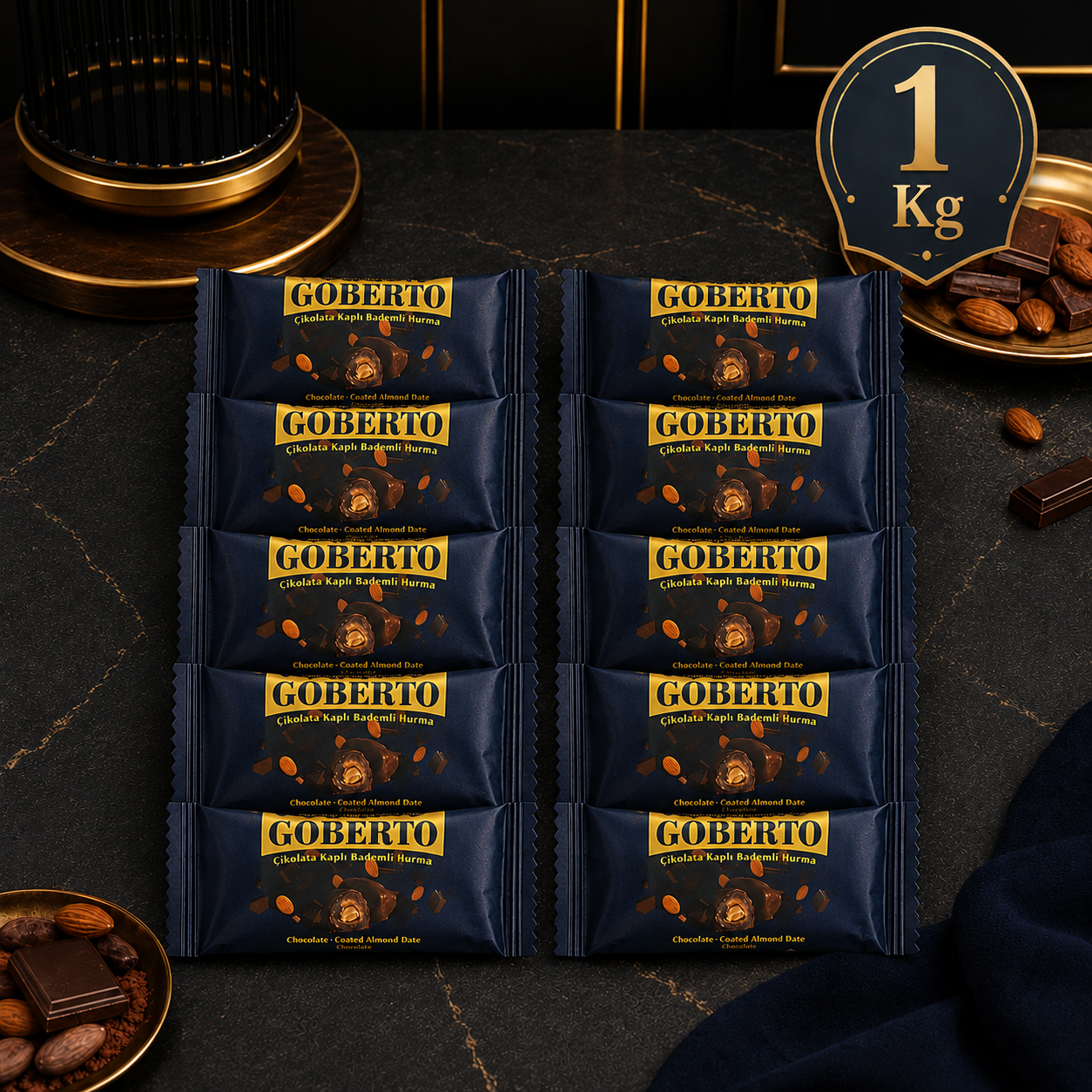 (1 KG) Çikolata Kaplı Bademli Hurma Hediyelik Tatlı Atıştırmalık Premium Lezzet Box Fırsat