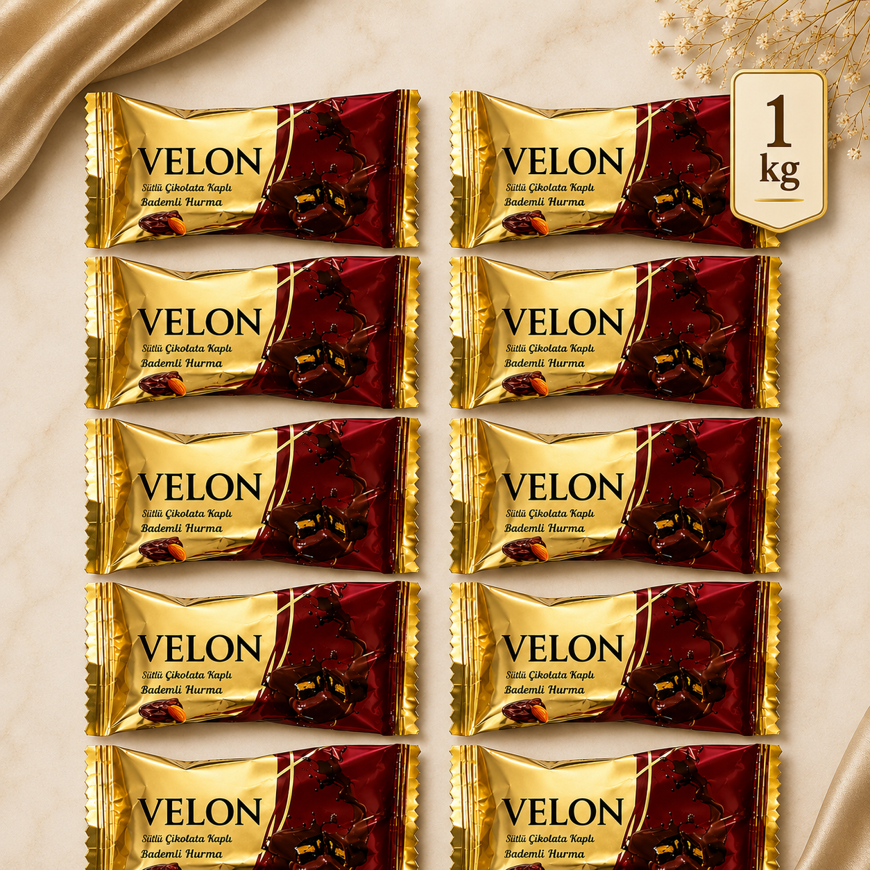(1 KG) Sütlü Çikolata Kaplı Bademli Hurma Hediyelik Tatlı Atıştırmalık Premium Lezzet Box Fırsat