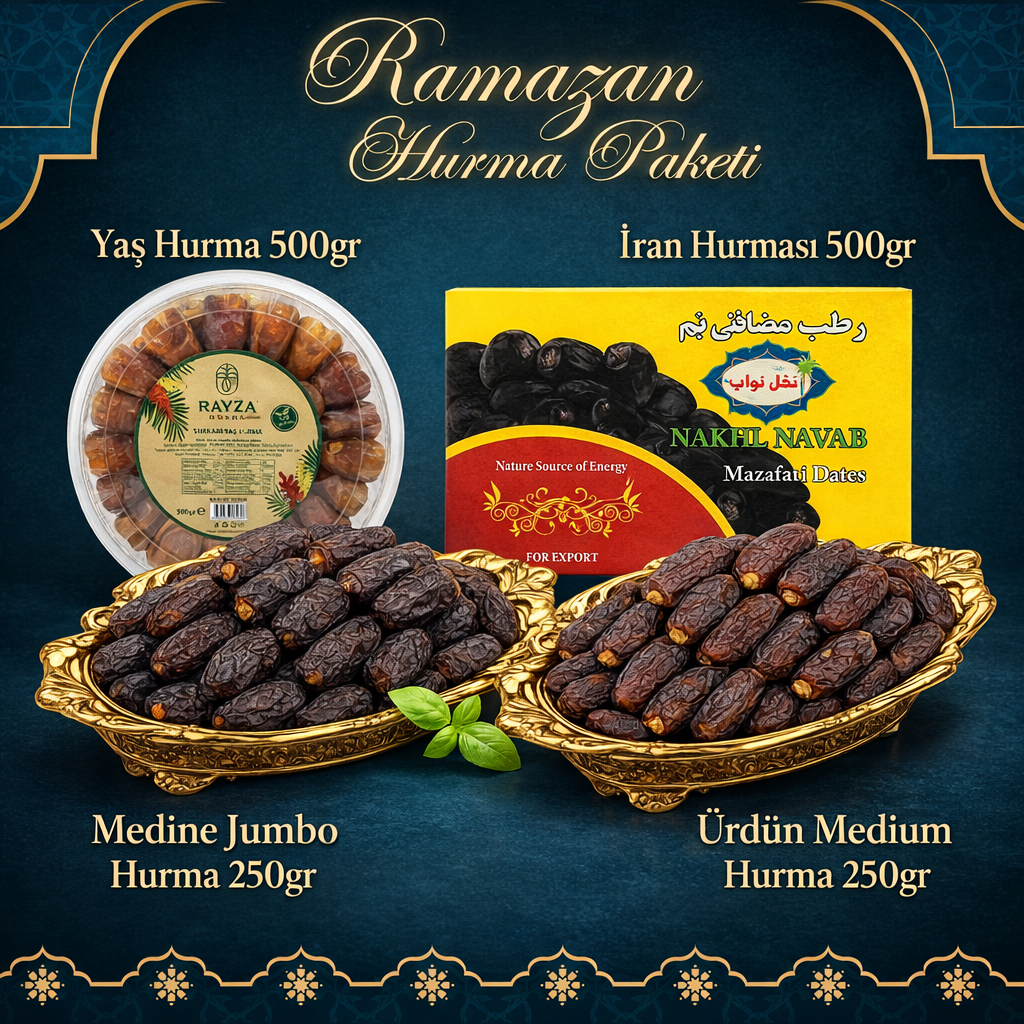 (4 ÇEŞİT) Ramazan Ayı Hurma Paketi Toplam 1500 GR Hediyelik Medine Jumbo Ürdün İran Yaş Hurma