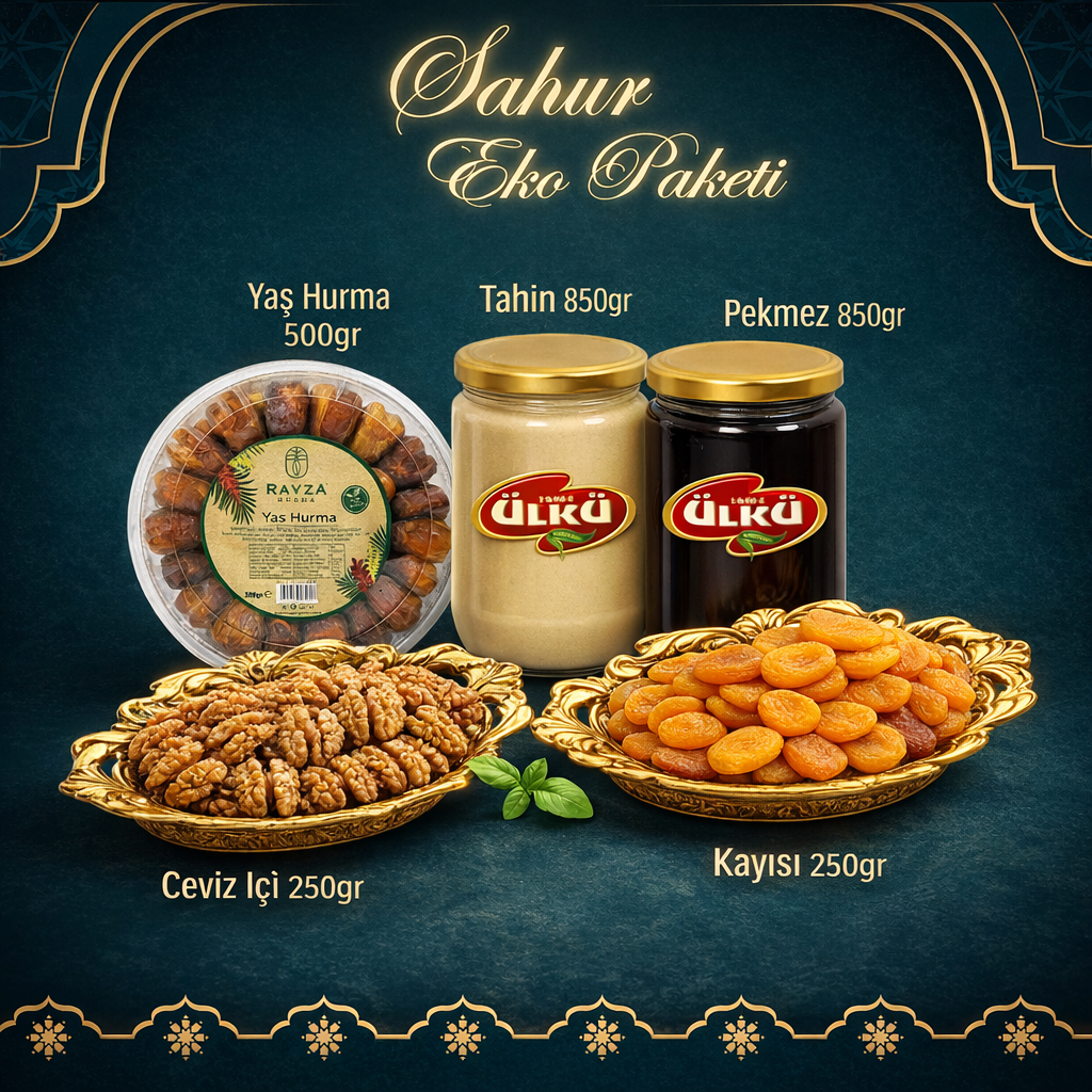 (5 ÇEŞİT) Ramazan Sahur Paketi Hediyelik Tahin + Pekmez + Kuru Kayısı + Yaş Hurma + Ceviz İçi