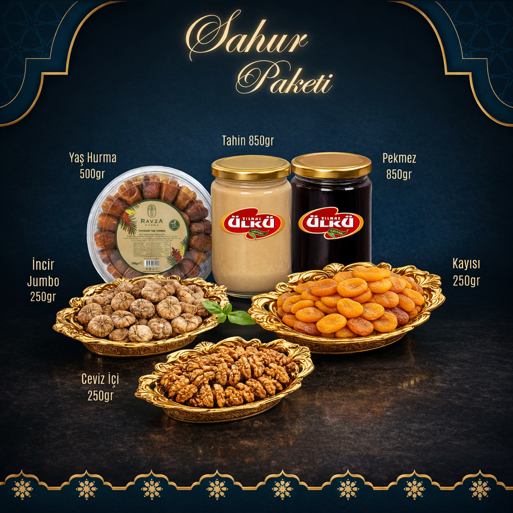 (6 ÇEŞİT) Ramazan Sahur Paketi Tahin + Pekmez + Kuru Kayısı + Yaş Hurma + Ceviz İçi + İncir