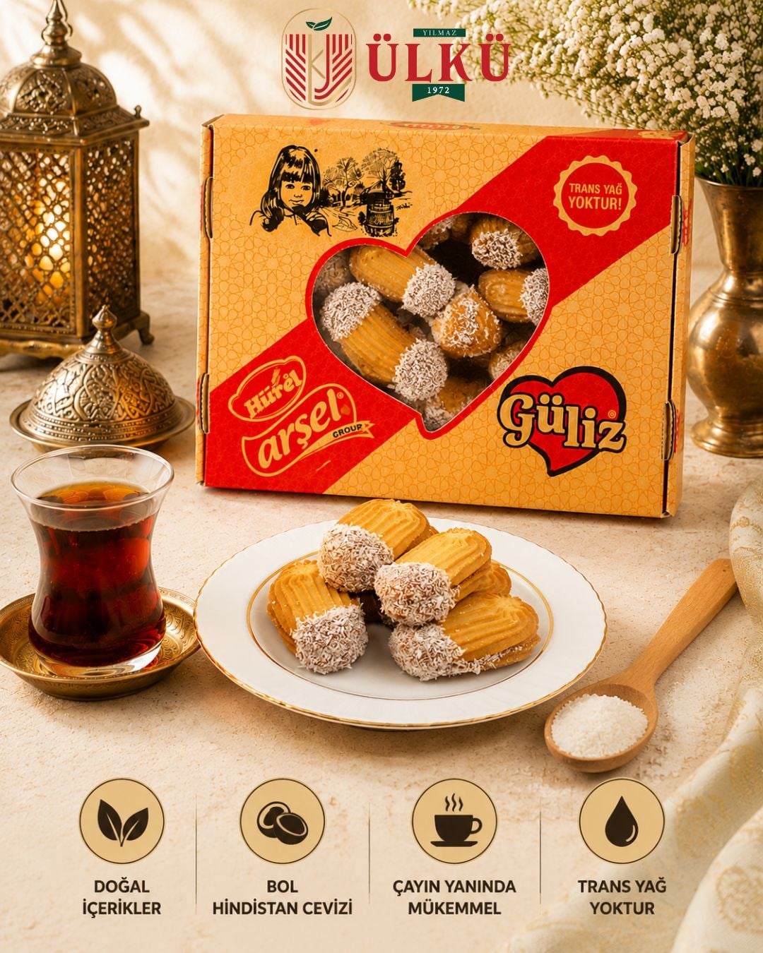 Güliz Bol Hindistan Cevizli Kurabiye Trans Yağsız Çay Kahve Yanı Tatlı Atıştırmalık Hediyelik