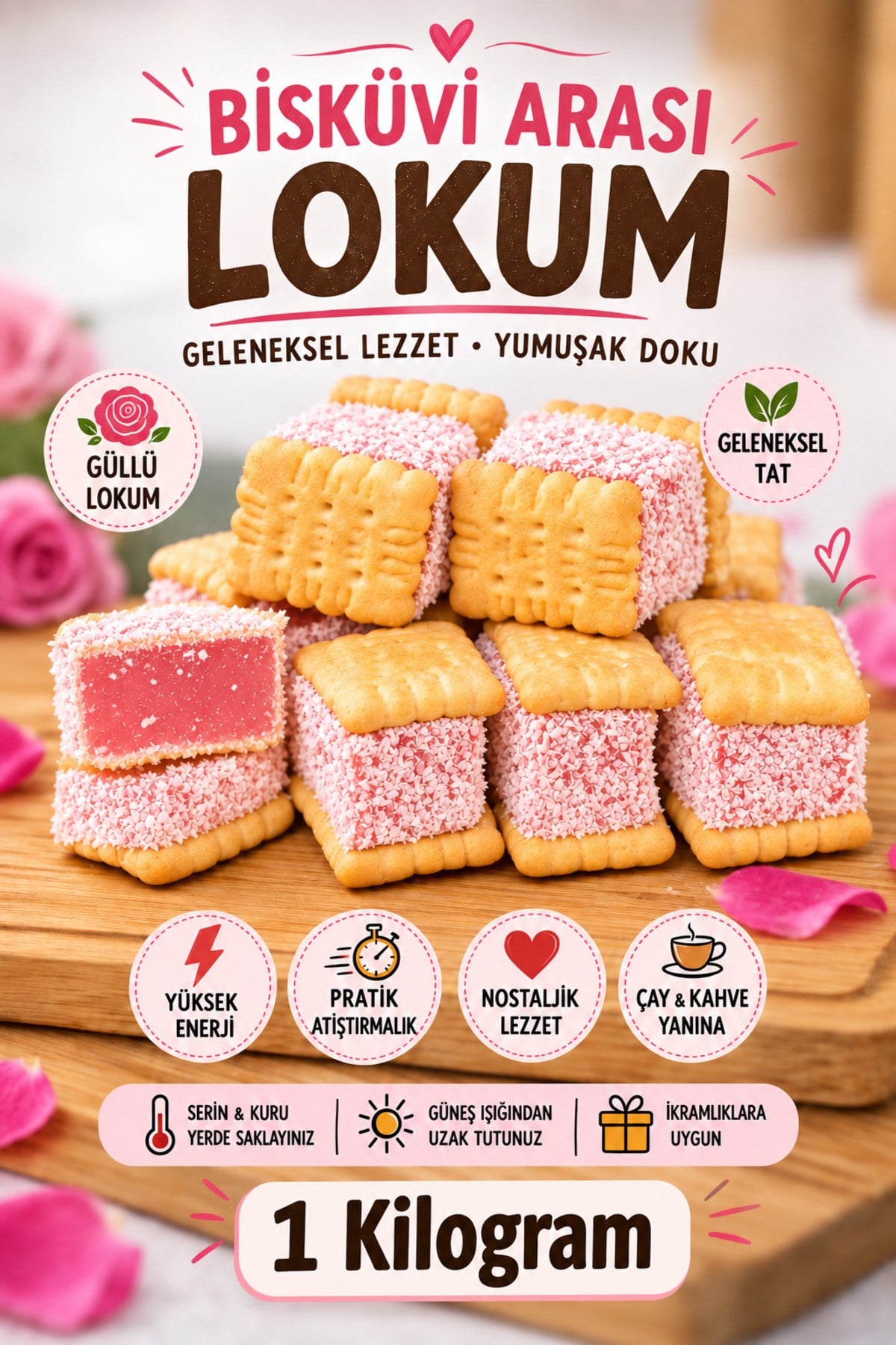 (1 KG) Güllü Lokmalık Mini Bisküvili Arası Kıstırma Lokum Hediyelik Tatlı Atıştırmalık