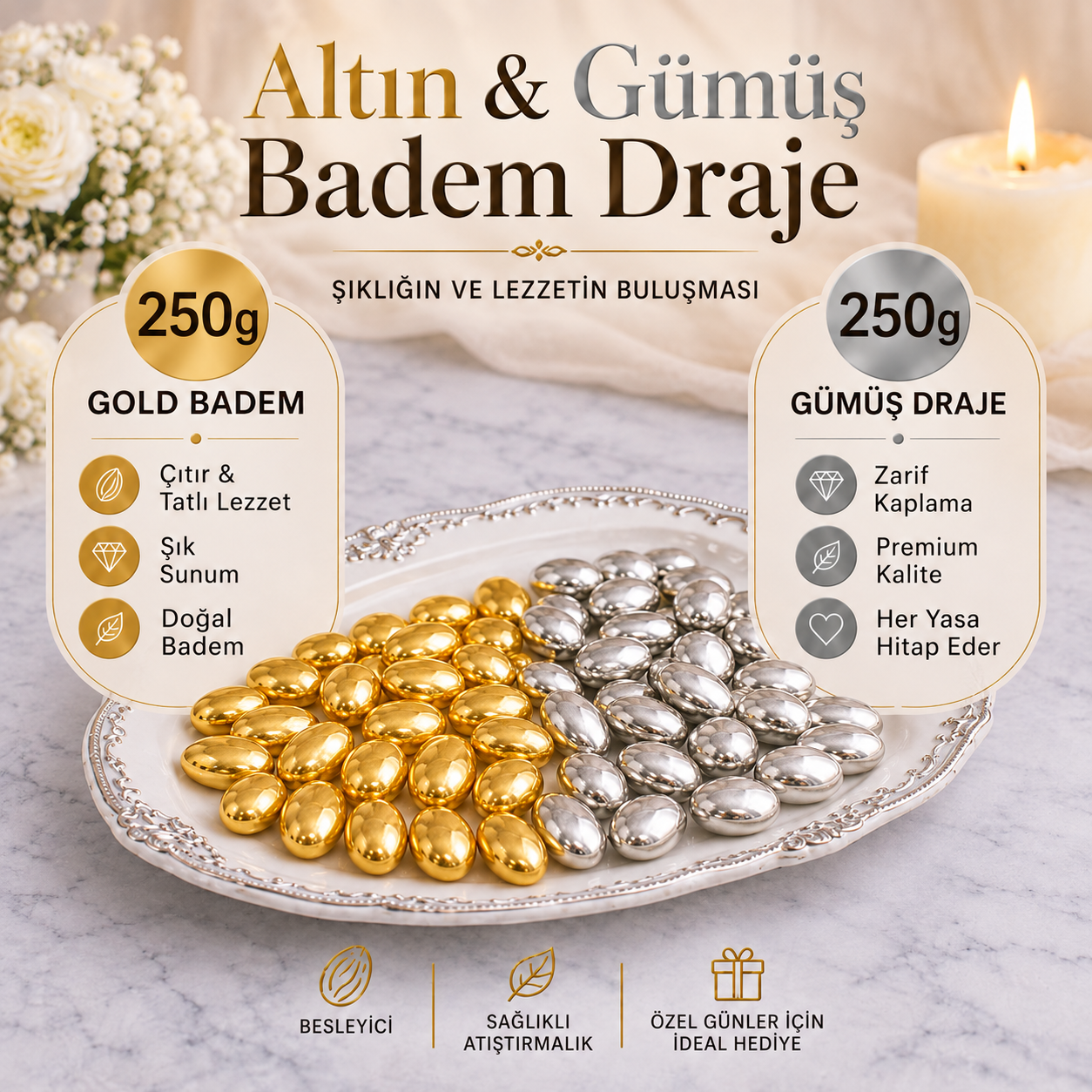 (250 GR) Gold Bademli Draje + (250 GR) Gümüş Bademli Draje Nişan Düğün Hediyelik Tatlı Atıştırmalık