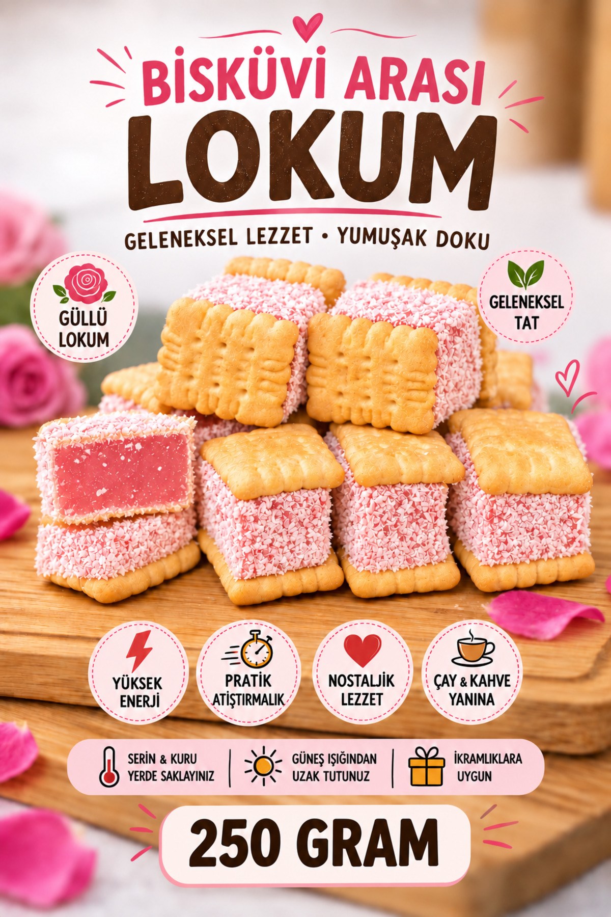 (250 Gr) Güllü Lokmalık Mini Bisküvili Arası Kıstırma Lokum Hediyelik Tatlı Atıştırmalık
