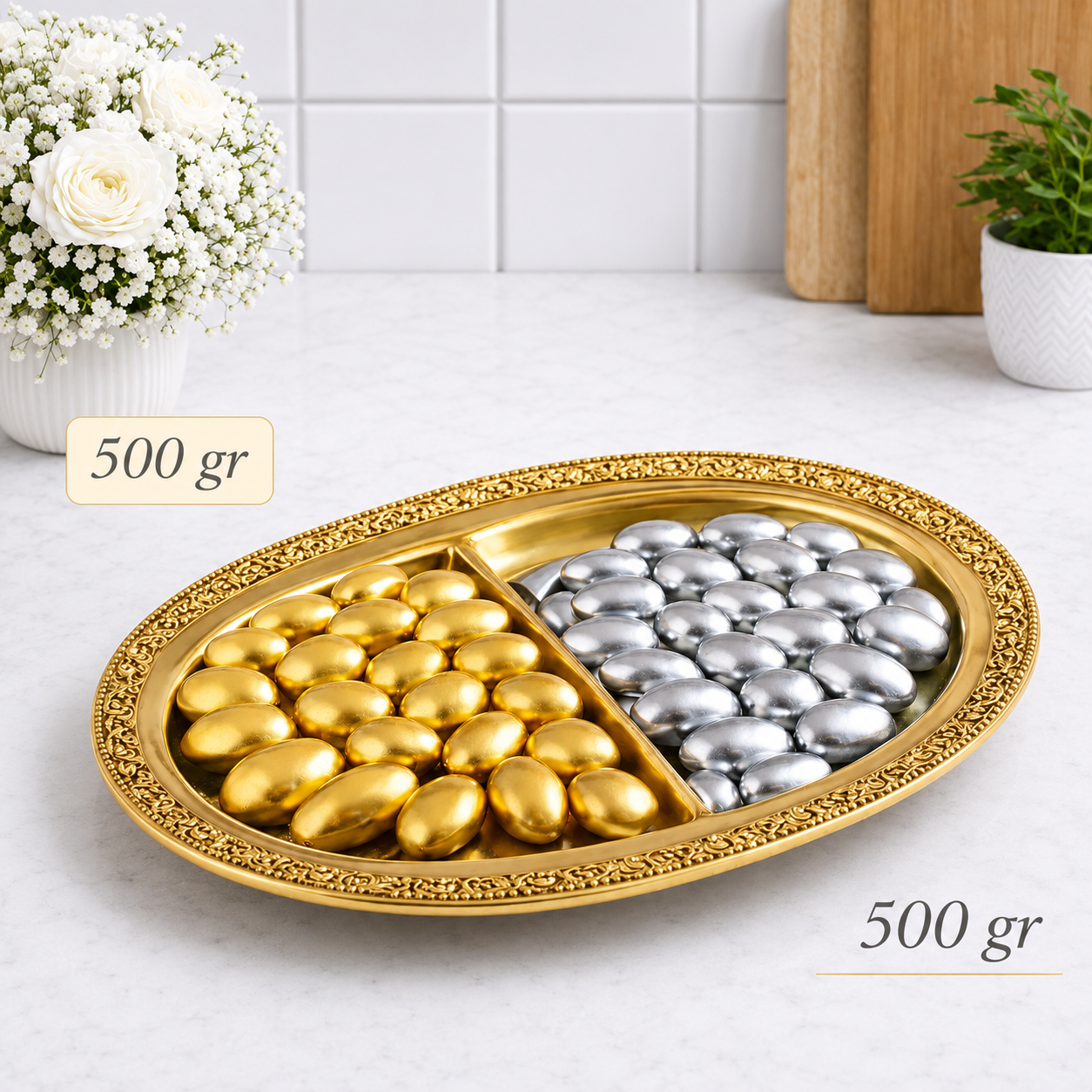 (500 GR) Gold Bademli Draje + (500 GR) Gümüş Bademli Draje Nişan Düğün Hediyelik Tatlı Atıştırmalık