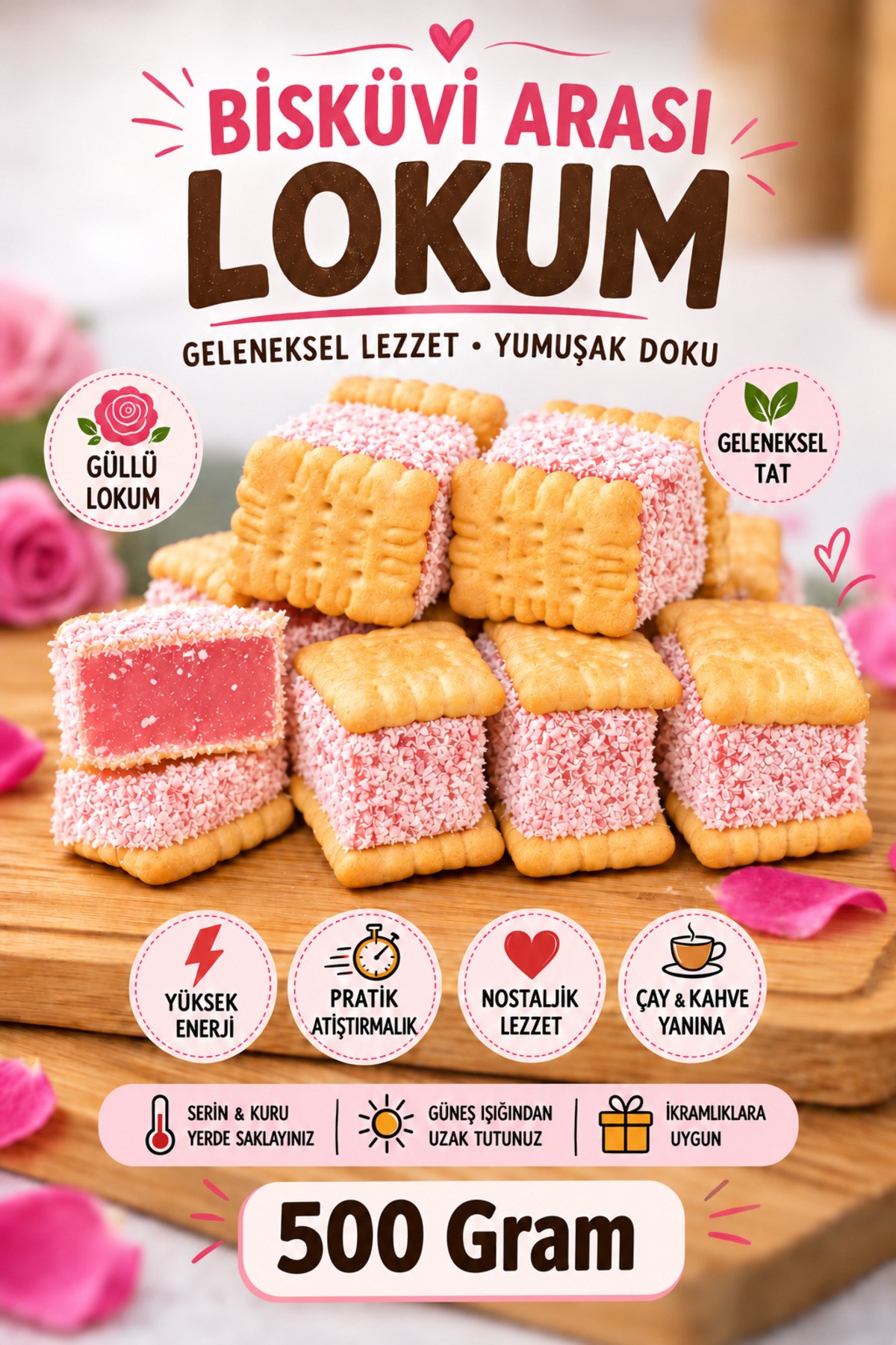(500 Gr) Güllü Lokmalık Mini Bisküvili Arası Kıstırma Lokum Hediyelik Tatlı Atıştırmalık