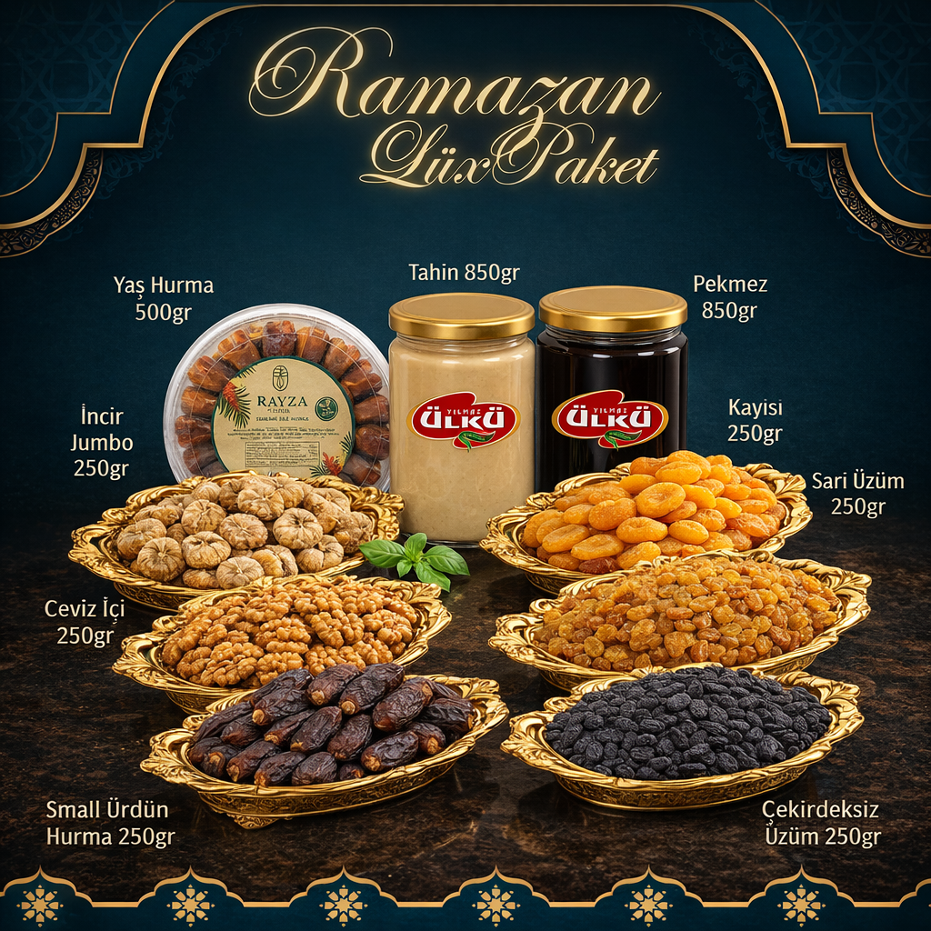 (9 ÇEŞİT) Ramazan Lüks Paketi Tahin + Pekmez + Kuru Kayısı + Yaş Hurma + Ceviz İçi + İncir Kuru Üzüm