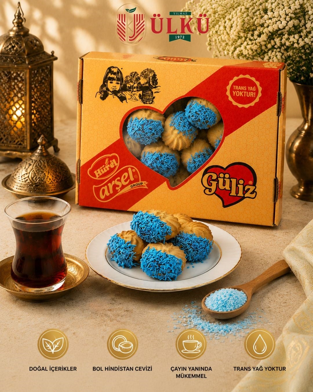 Güliz Doğal Pancar Şekerli Kurabiye Trans Yağsız Çay Kahve Yanı Tatlı Atıştırmalık Hediyelik (Mavi Sprinkle Şekerleme Kaplı)