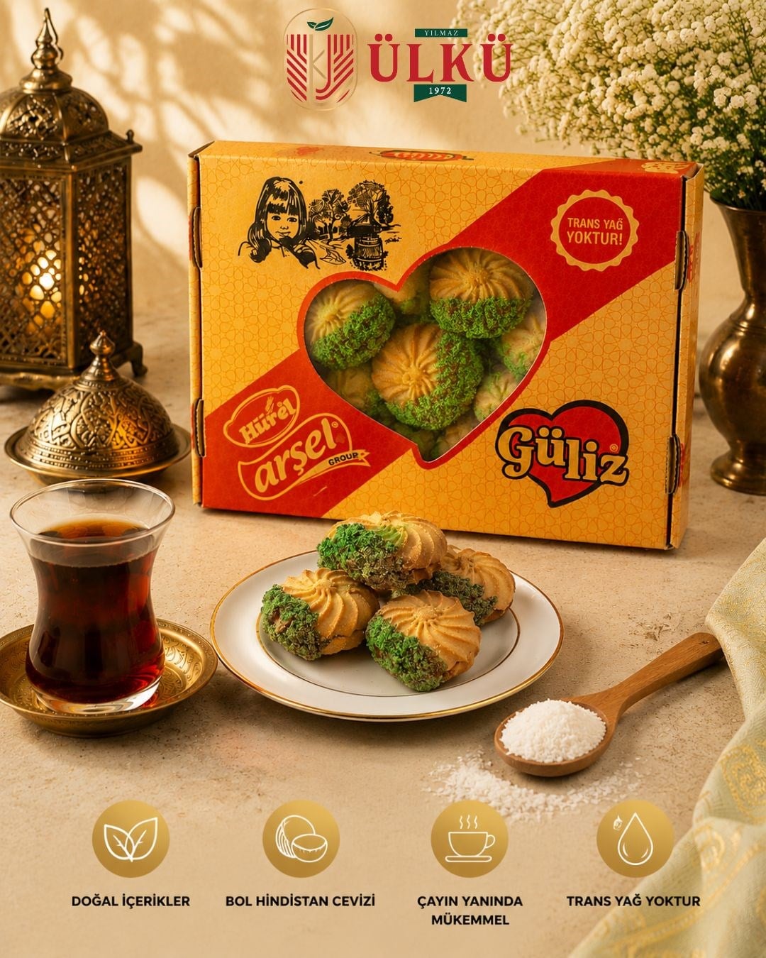Güliz Hindistan Cevizli Kurabiye Trans Yağsız Çay Kahve Yanı Tatlı Atıştırmalık Hediyelik (Toz Antep Fıstıklı)
