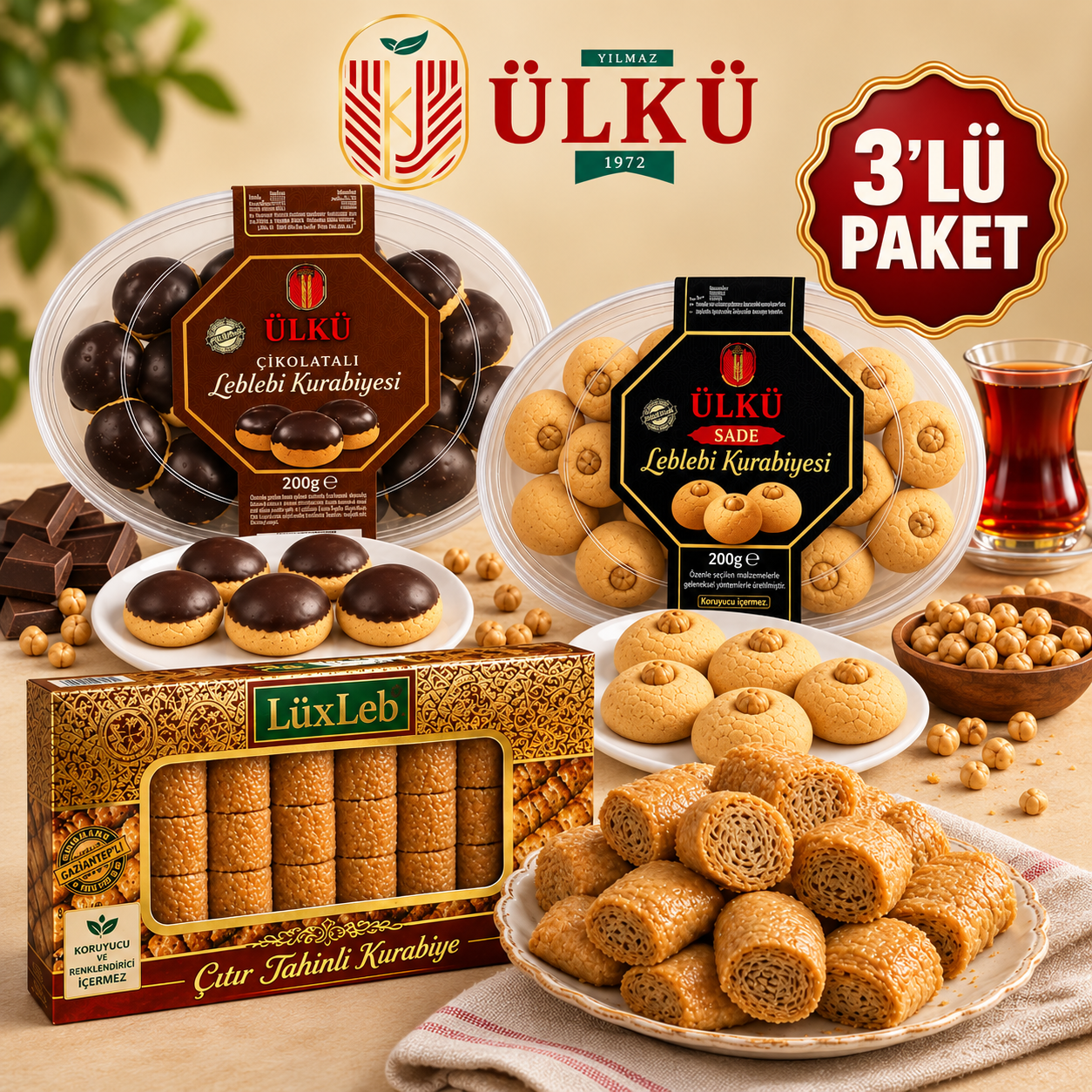 Ülkü 3'lü Kurabiye Paketi Çikolatalı Sade ve Çıtır Tahinli Kurabiye Toplam 600 Gr Tatlı Atıştırmalık