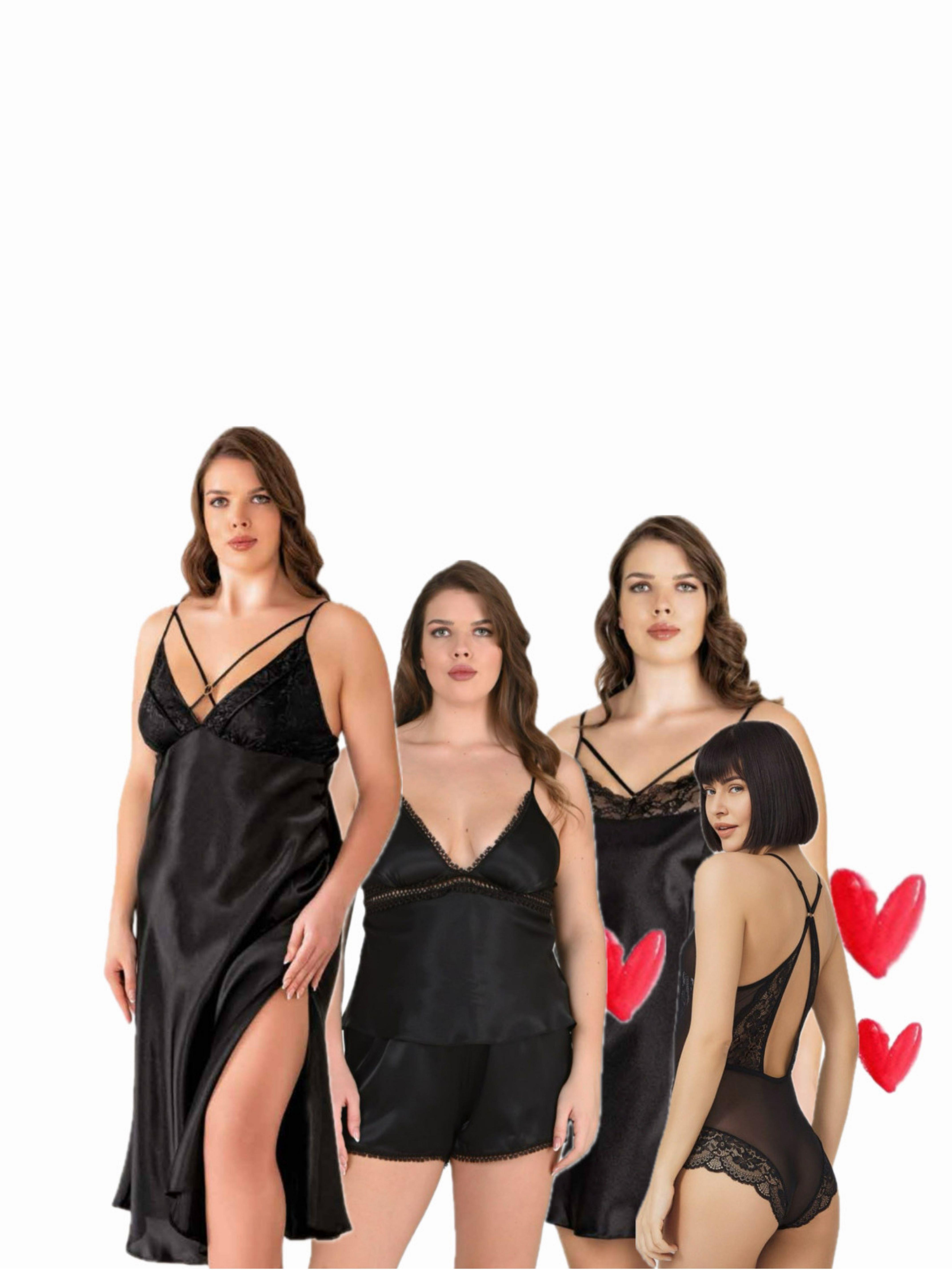 Black Flame Siyah Saten Dantelli 5'li Set