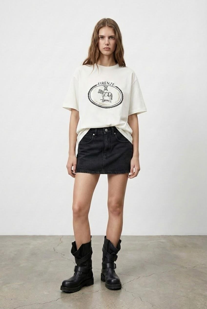 ASRIN Baskı Nakış Detaylı T-shirt Ekru