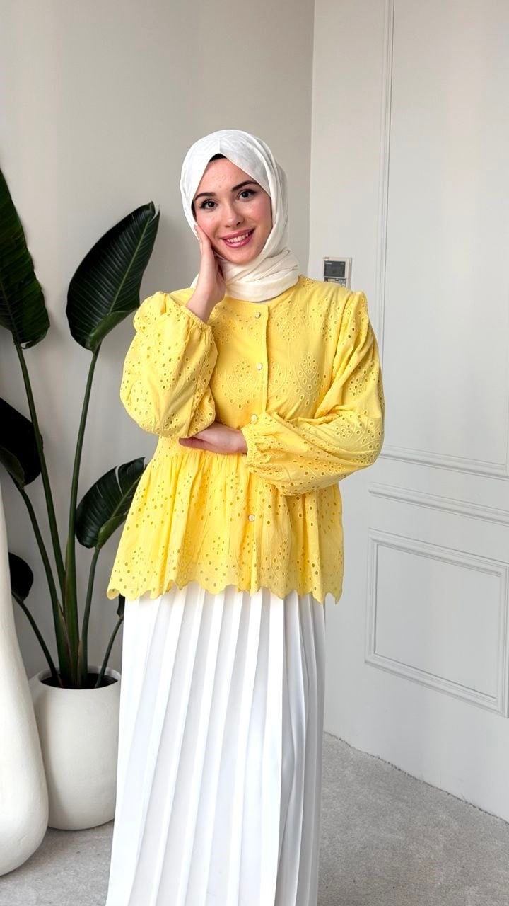 Brode Dantel Kumaş sarı  Tunik