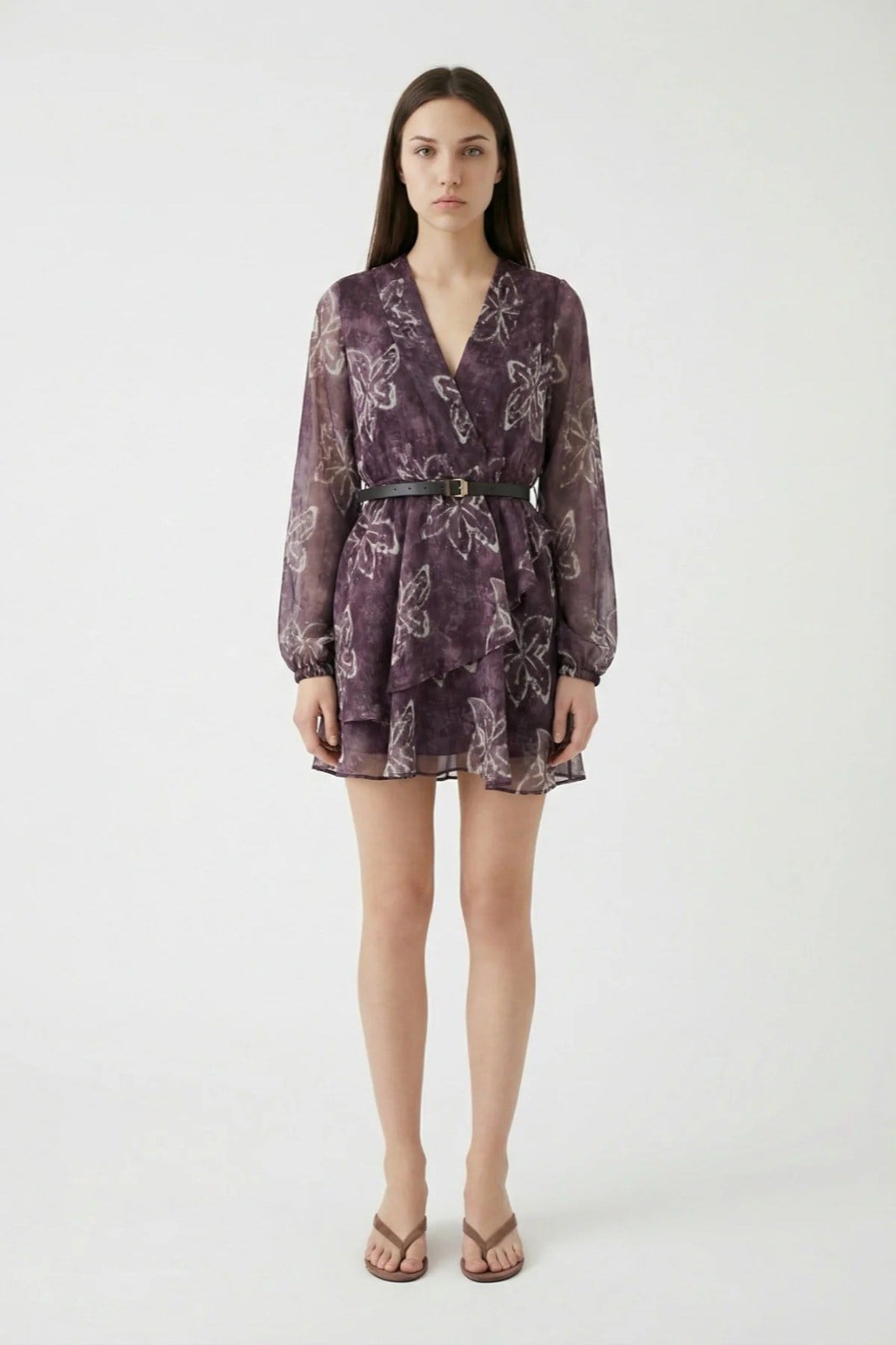 Çiçek Desenli Kemerli Şifon Mini Elbise Kahverengi