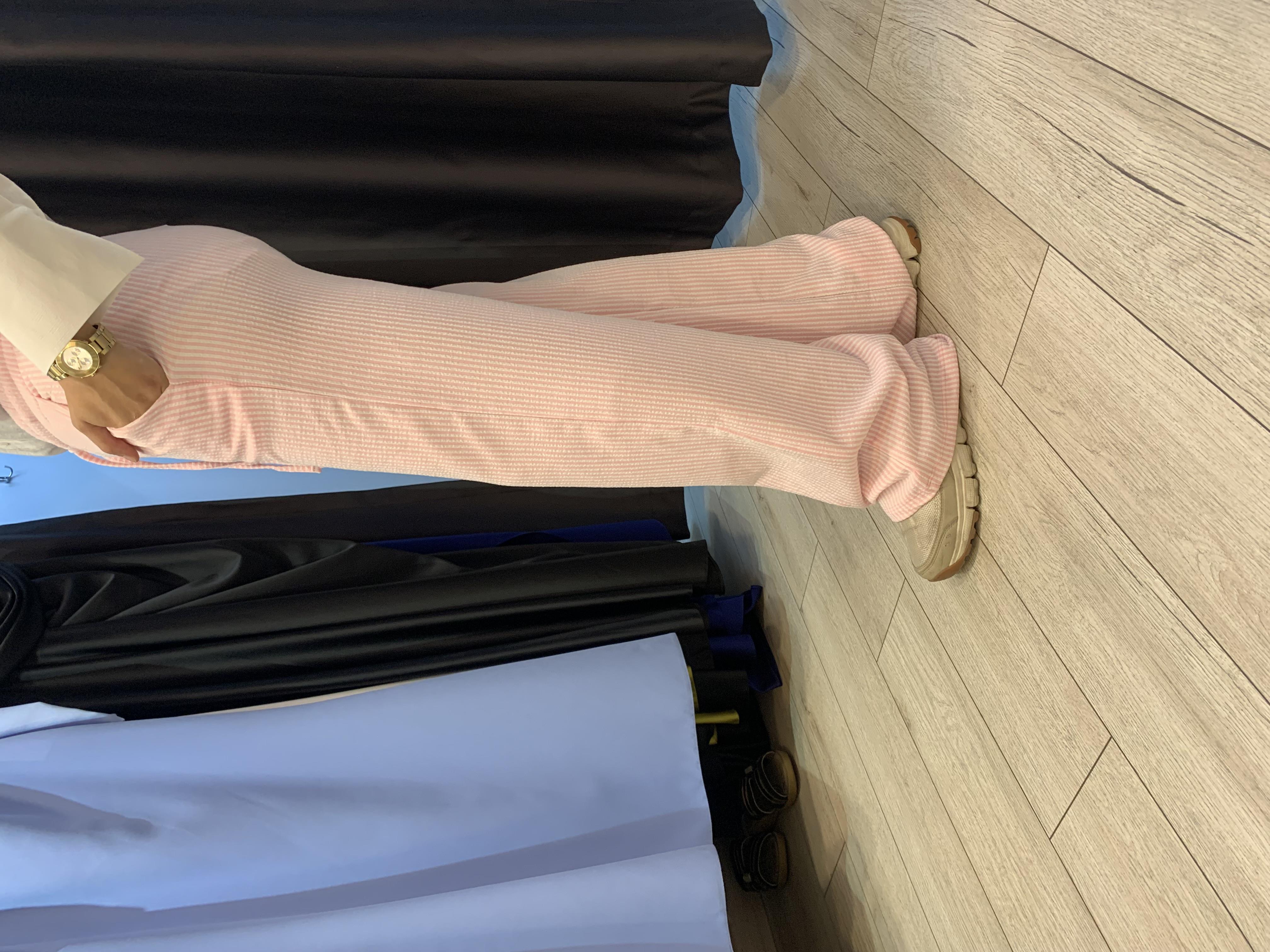 Dökümlü çizgili keten karışımlı pantolon Penbe