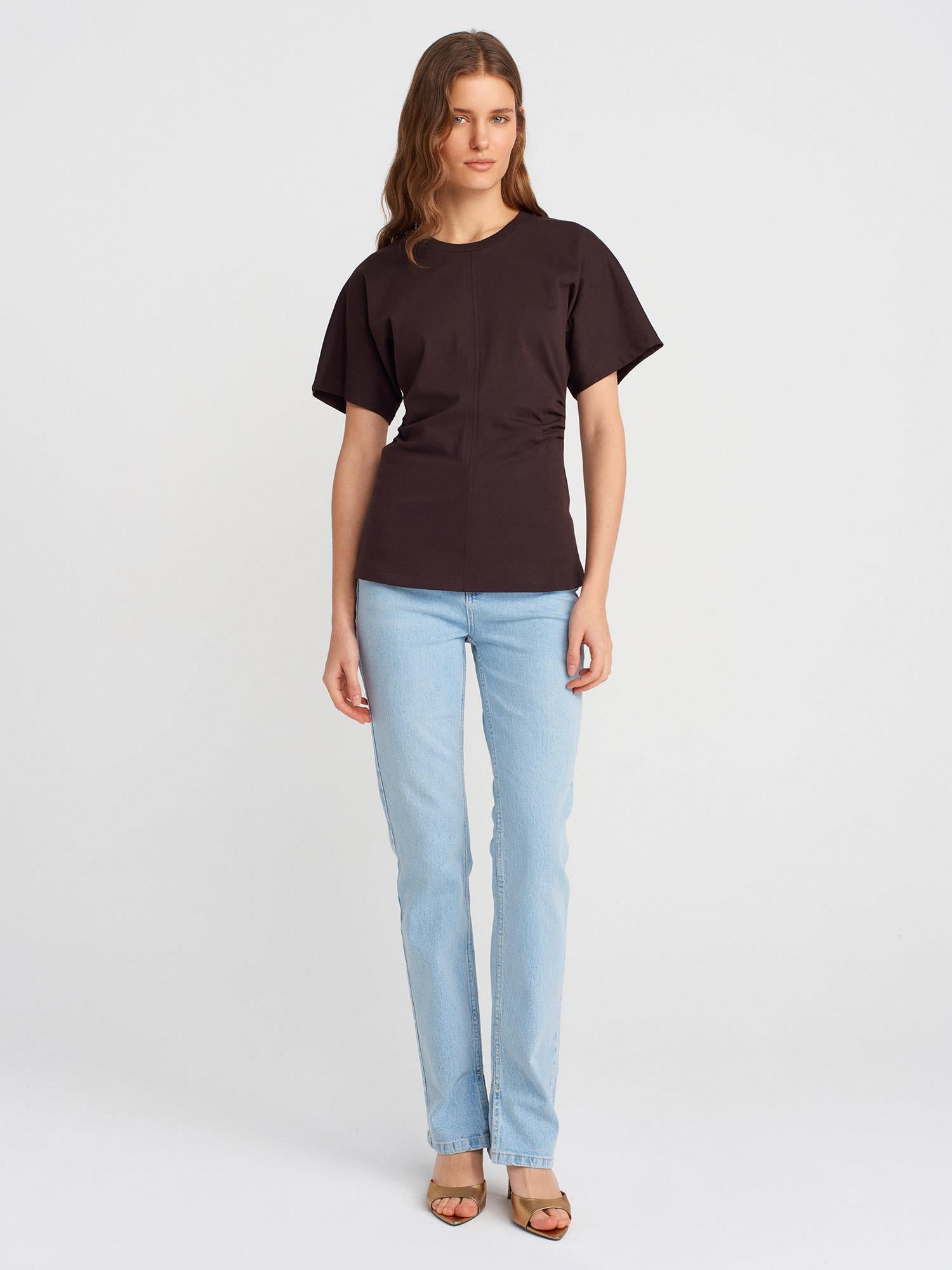 Drape Detaylı T-shirt-Koyu Kahve